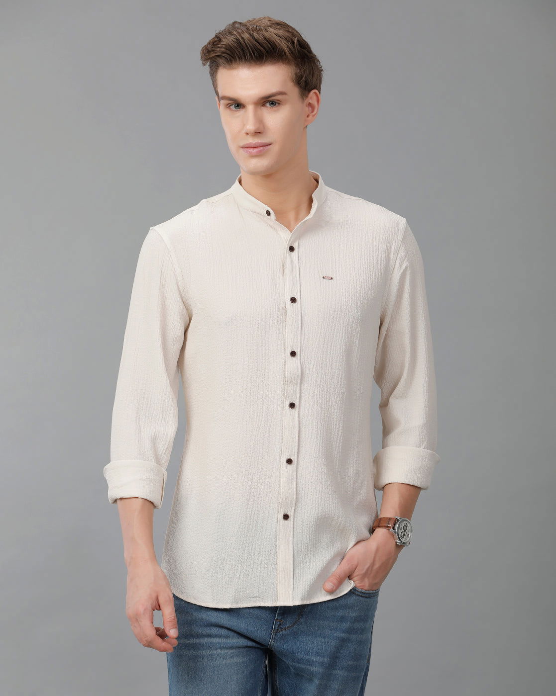 IDENTITI Men Slim Fit Mandarin Collar Solid Shirt In Cream