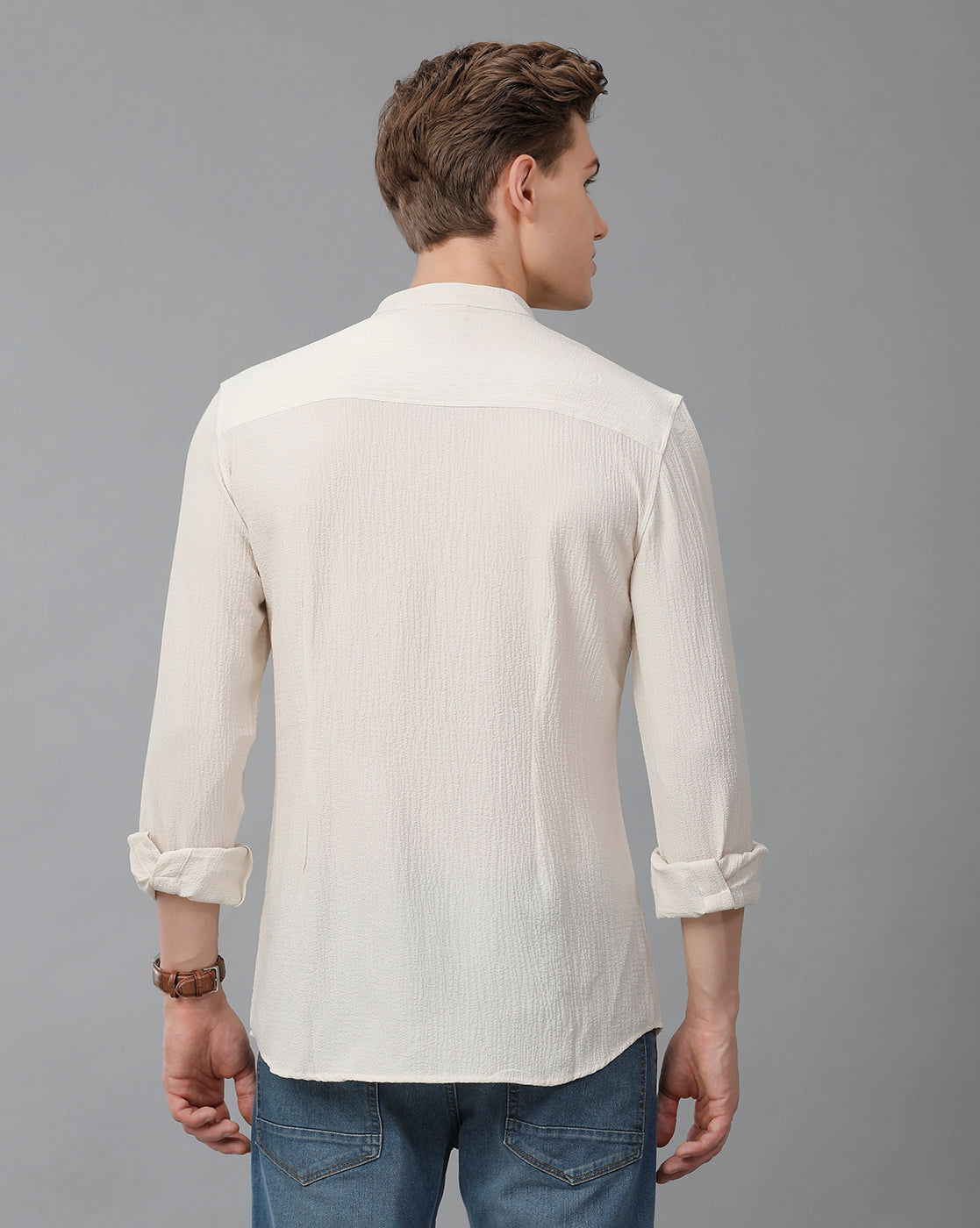 IDENTITI Men Slim Fit Mandarin Collar Solid Shirt In Cream