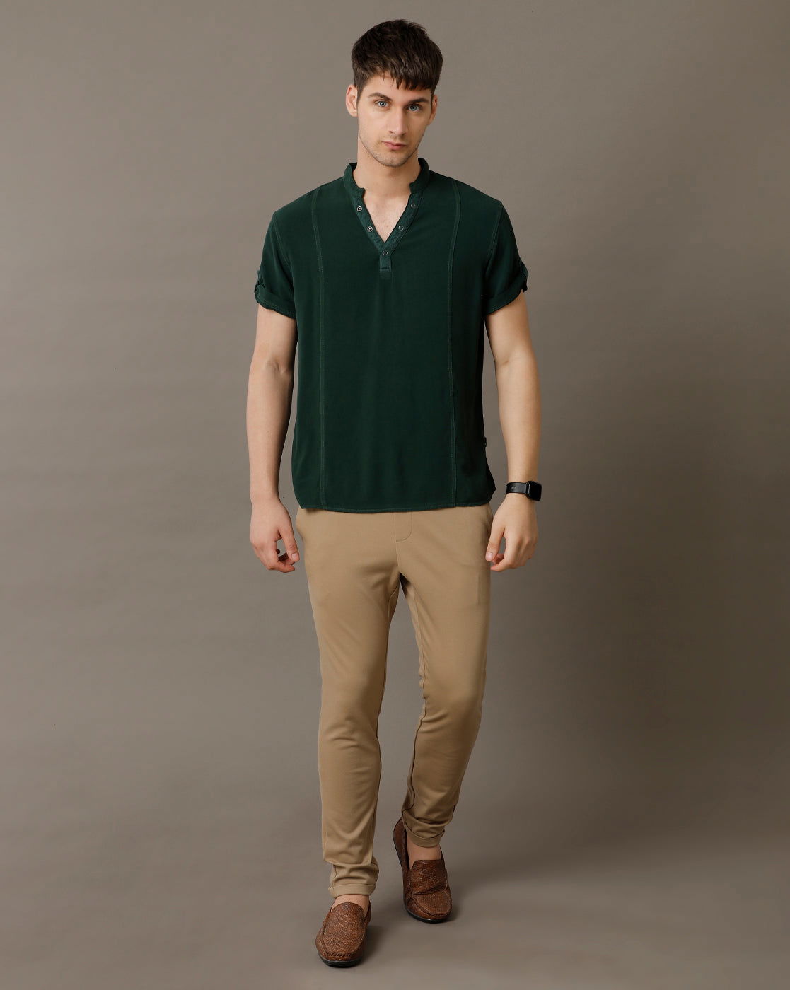 IDENTITI Men Slim Fit Mandarin Collar Solid Shirt In M.Green.