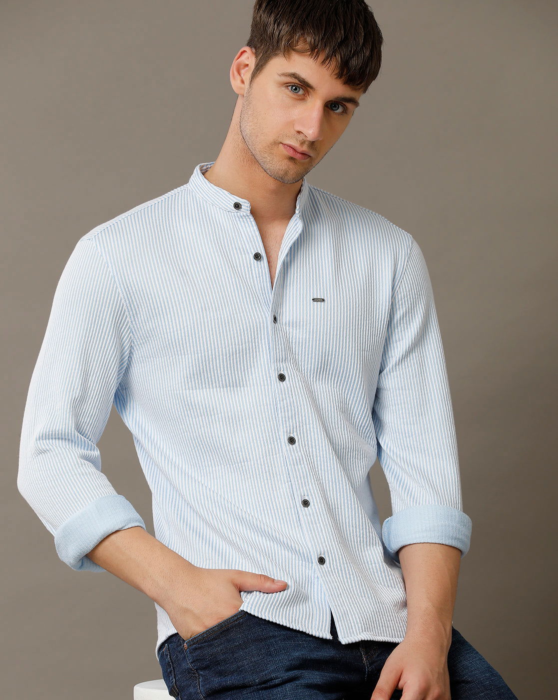 IDENTITI Men Slim Fit Mandarin Collar Stripe Shirt In Blue.