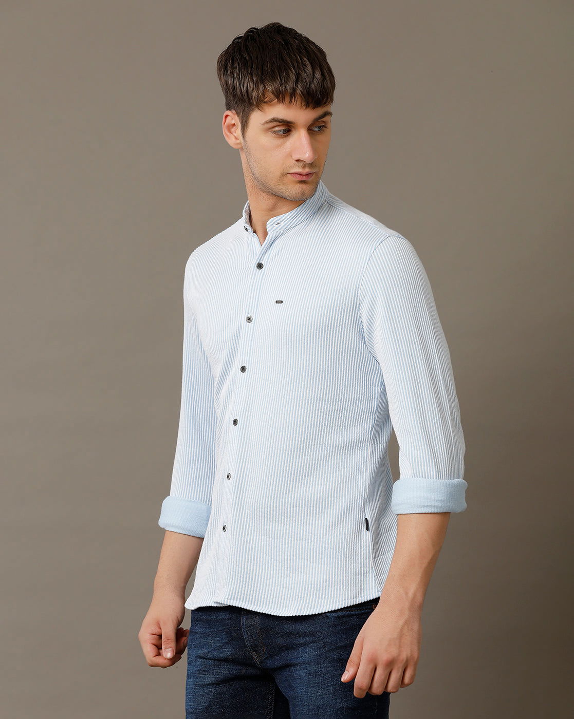 IDENTITI Men Slim Fit Mandarin Collar Stripe Shirt In Blue.