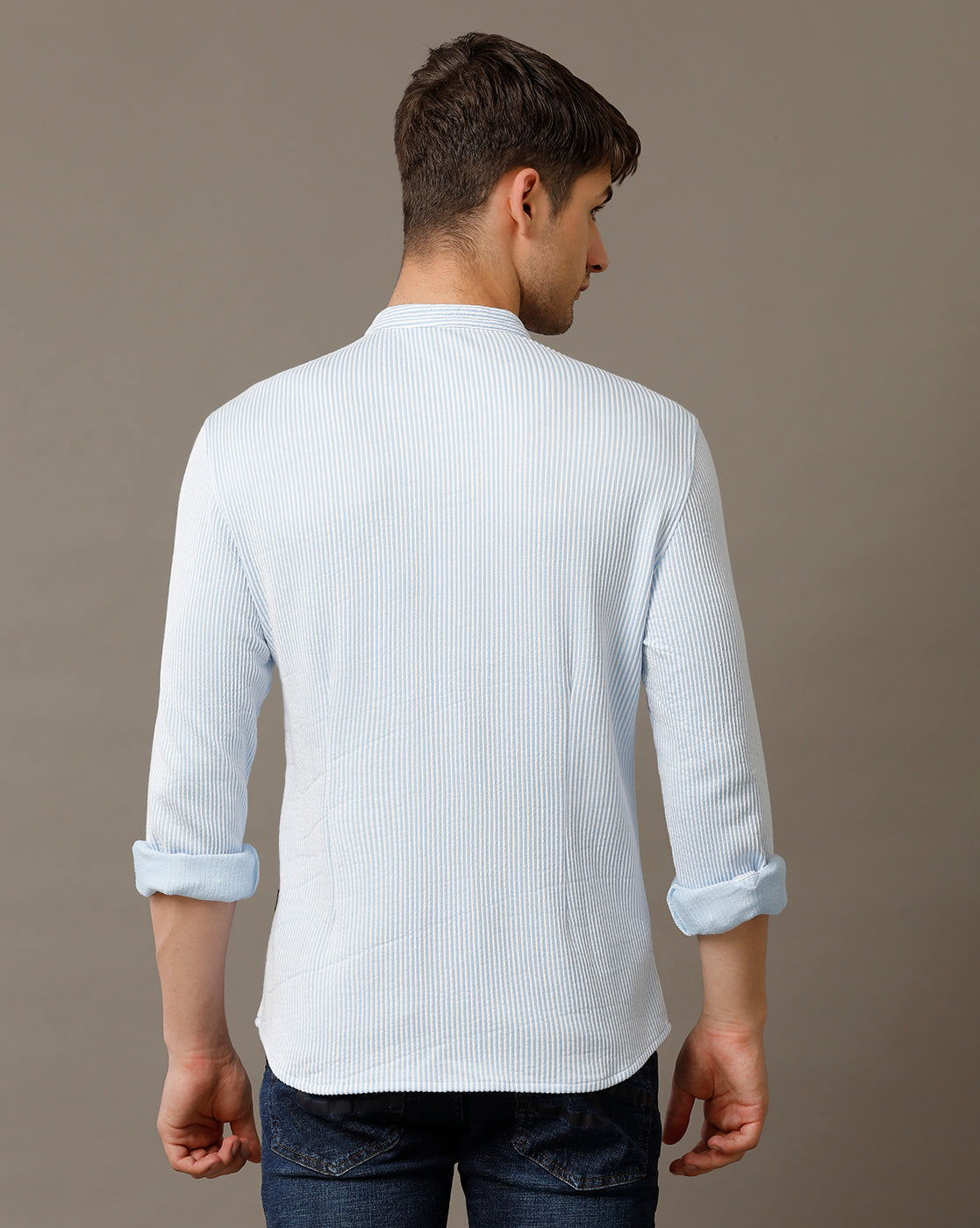 IDENTITI Men Slim Fit Mandarin Collar Stripe Shirt In Blue.