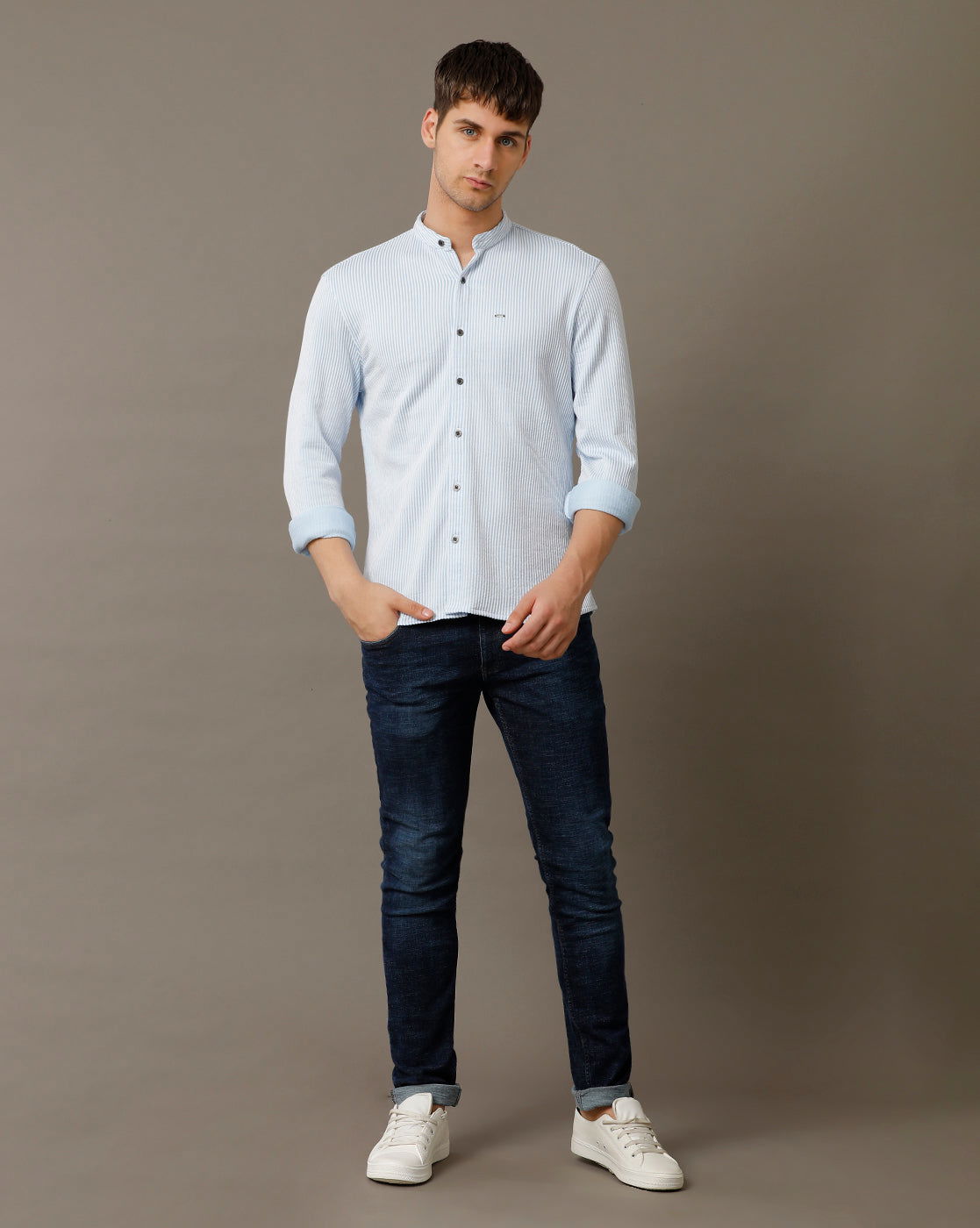 IDENTITI Men Slim Fit Mandarin Collar Stripe Shirt In Blue.