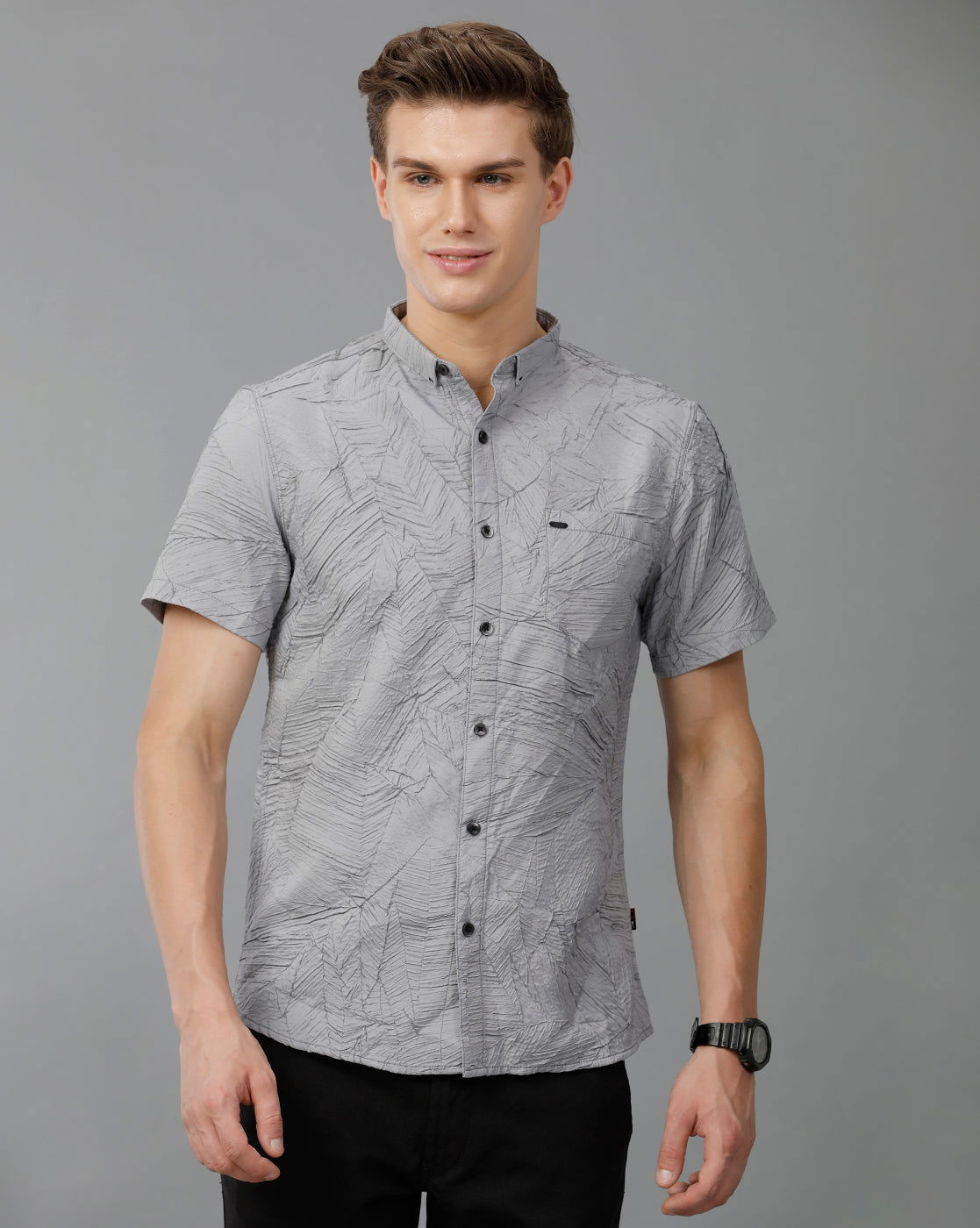 IDENTITI Men Slim Fit Short Collar Printed Shirt In Grey
