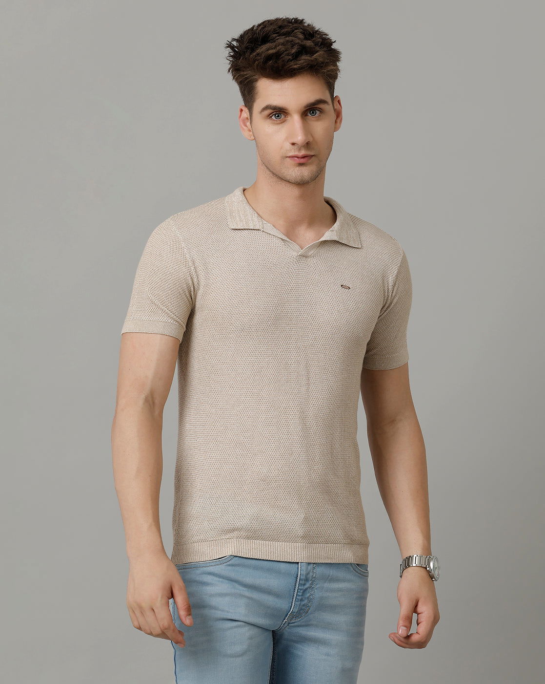 Identiti Beige Half Sleeve Solid Slim Fit Cotton Casual Polo T-Shirt For Men.