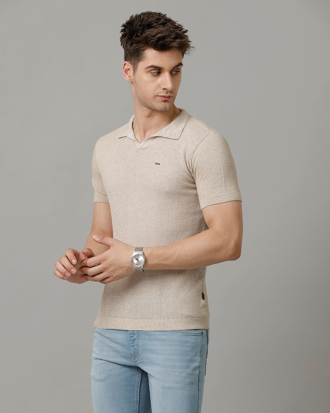 Identiti Beige Half Sleeve Solid Slim Fit Cotton Casual Polo T-Shirt For Men.