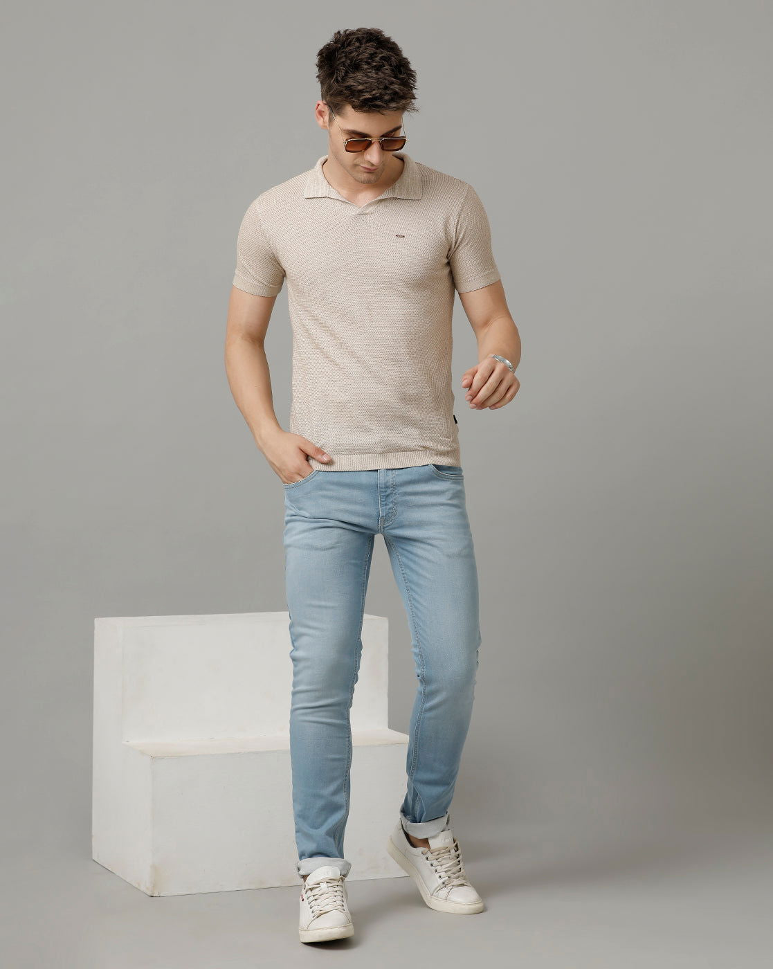 Identiti Beige Half Sleeve Solid Slim Fit Cotton Casual Polo T-Shirt For Men.