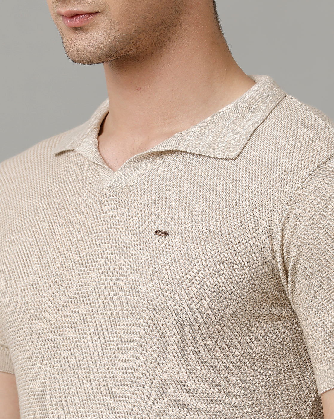 Identiti Beige Half Sleeve Solid Slim Fit Cotton Casual Polo T-Shirt For Men.