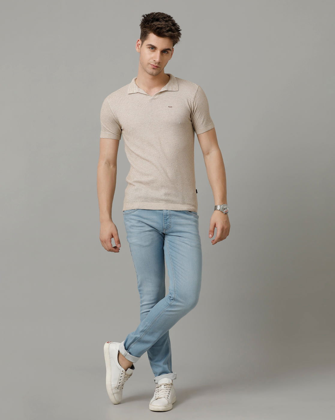 Identiti Beige Half Sleeve Solid Slim Fit Cotton Casual Polo T-Shirt For Men.
