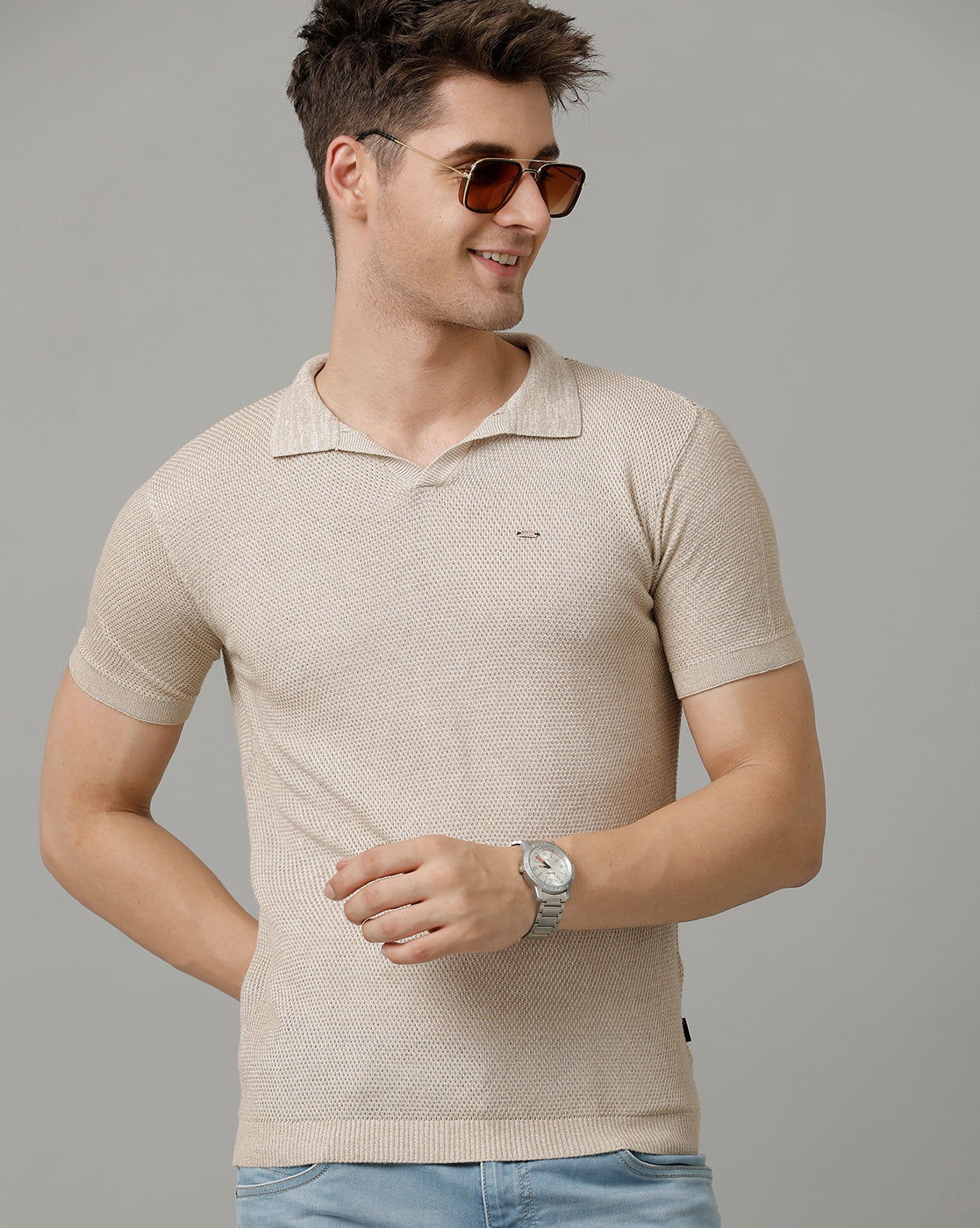 Identiti Beige Half Sleeve Solid Slim Fit Cotton Casual Polo T-Shirt For Men.