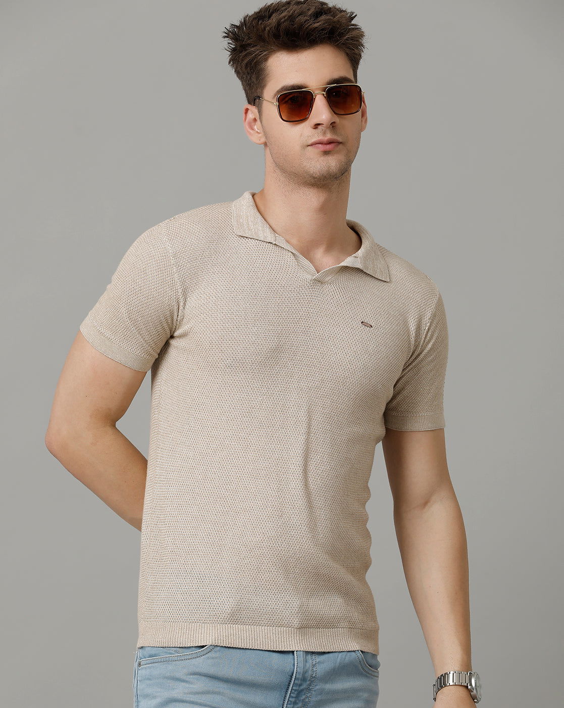 Identiti Beige Half Sleeve Solid Slim Fit Cotton Casual Polo T-Shirt For Men.