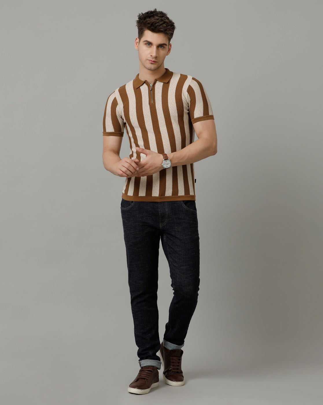 Identiti Brown Half Sleeve Striped Slim Fit Cotton Casual Polo T-Shirt For Men.