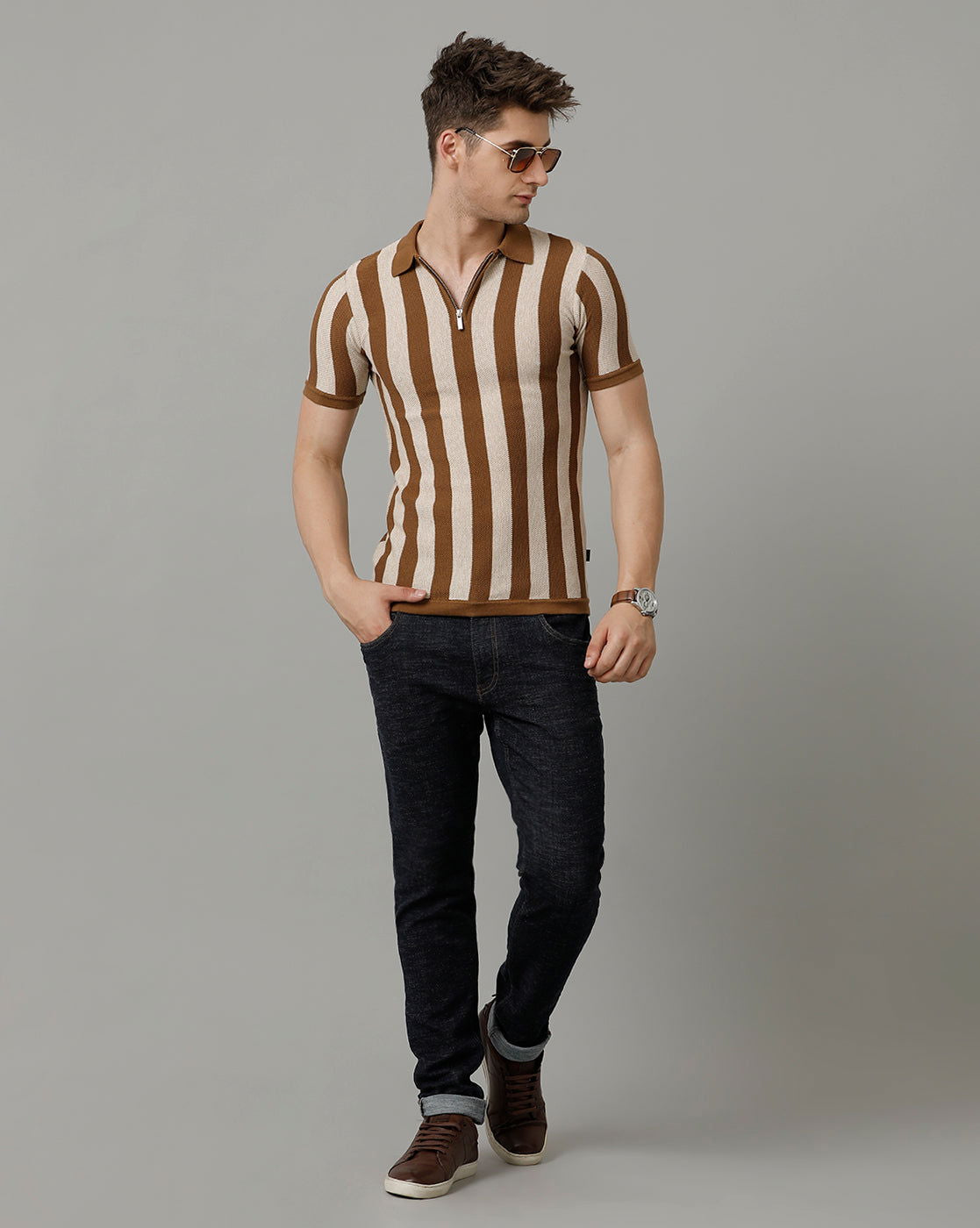 Identiti Brown Half Sleeve Striped Slim Fit Cotton Casual Polo T-Shirt For Men.