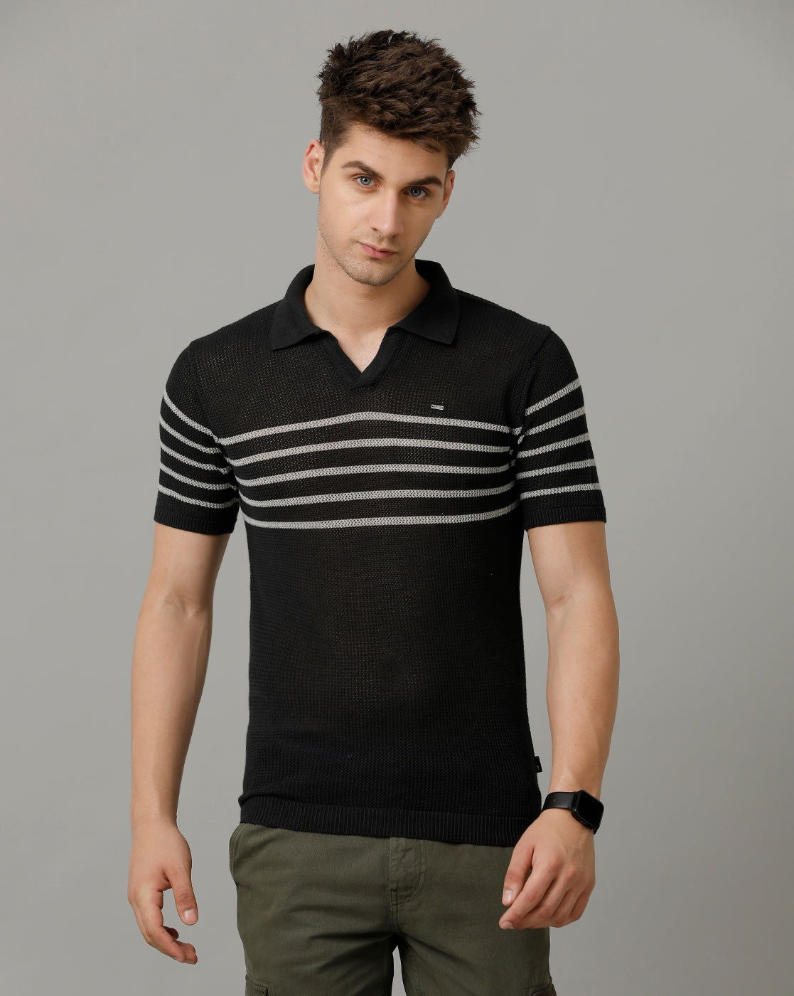 Identiti Charcoal Half Sleeve Striped Slim Fit Cotton Casual Polo T-Shirt For Men.