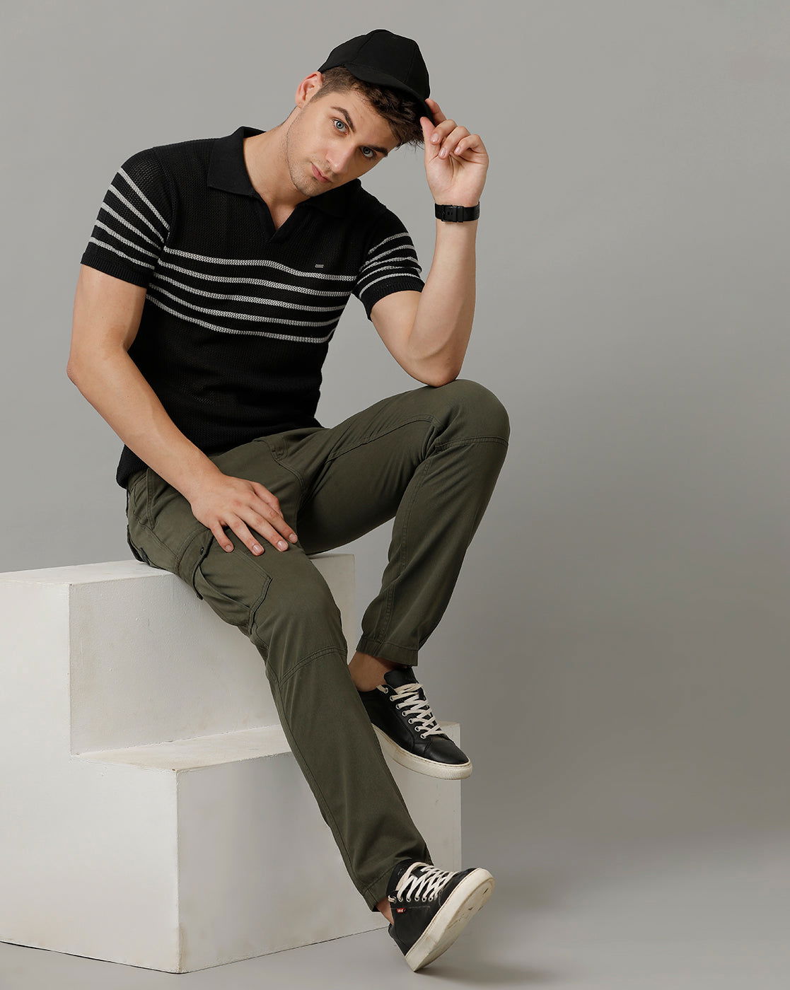 Identiti Charcoal Half Sleeve Striped Slim Fit Cotton Casual Polo T-Shirt For Men.
