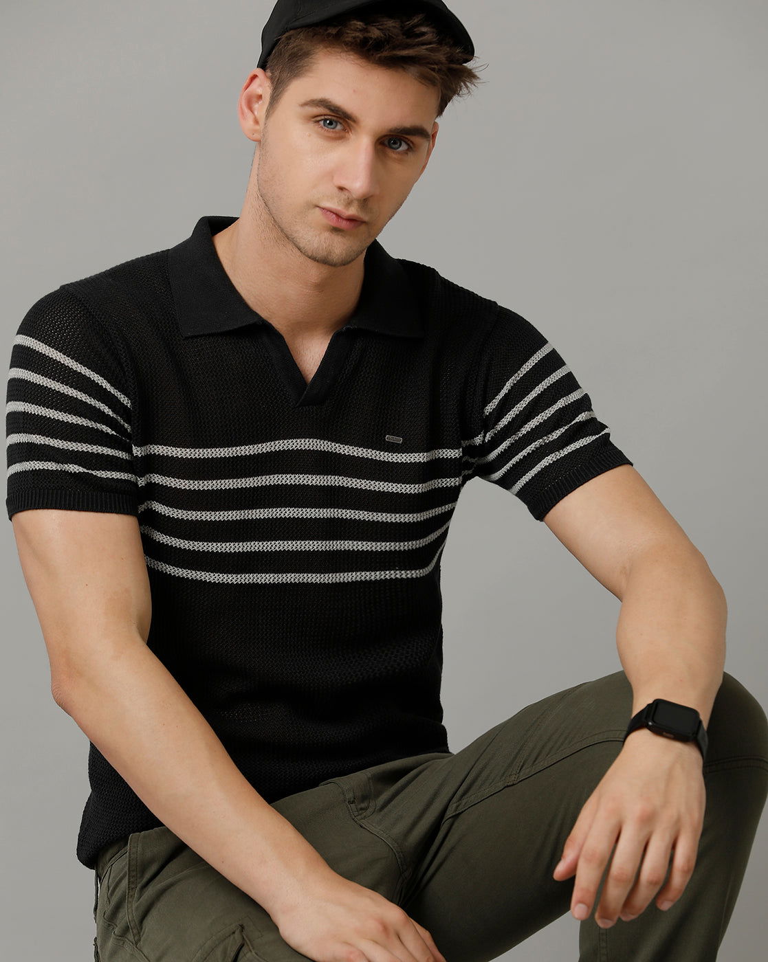 Identiti Charcoal Half Sleeve Striped Slim Fit Cotton Casual Polo T-Shirt For Men.