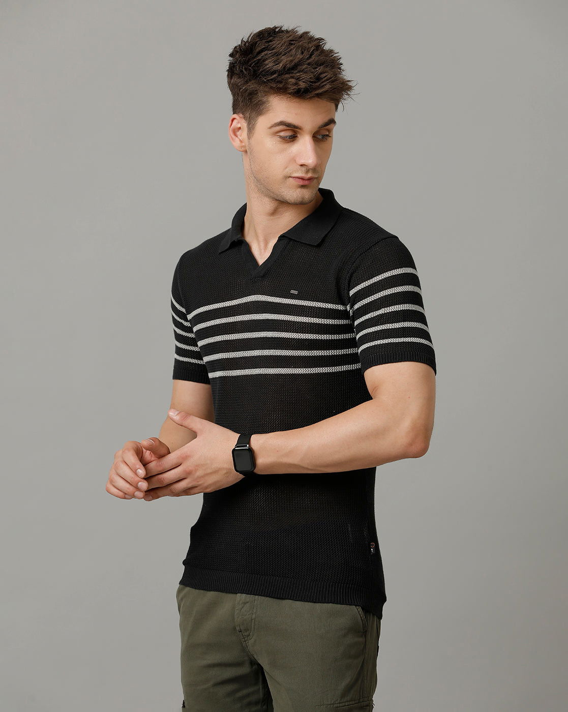 Identiti Charcoal Half Sleeve Striped Slim Fit Cotton Casual Polo T-Shirt For Men.