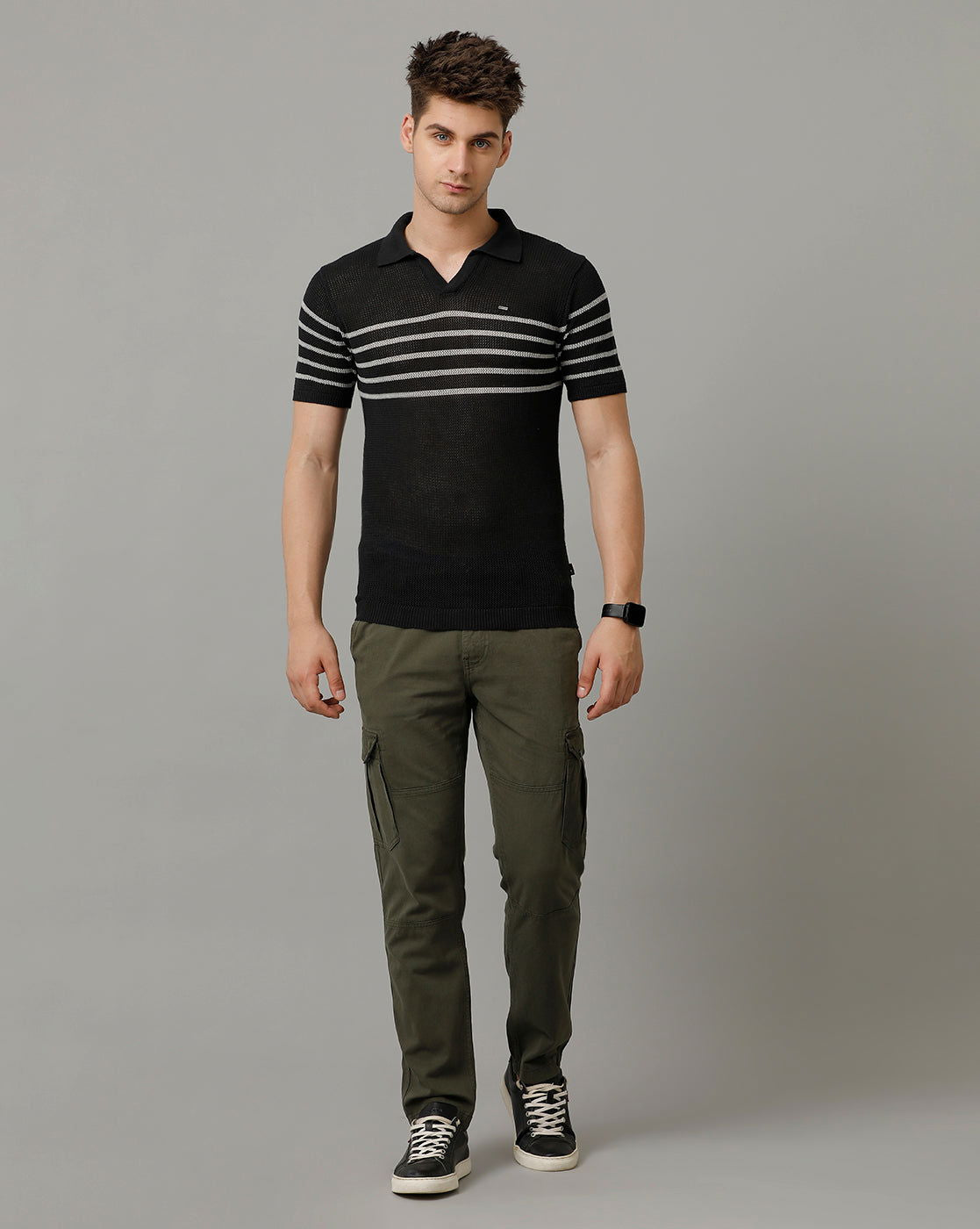 Identiti Charcoal Half Sleeve Striped Slim Fit Cotton Casual Polo T-Shirt For Men.