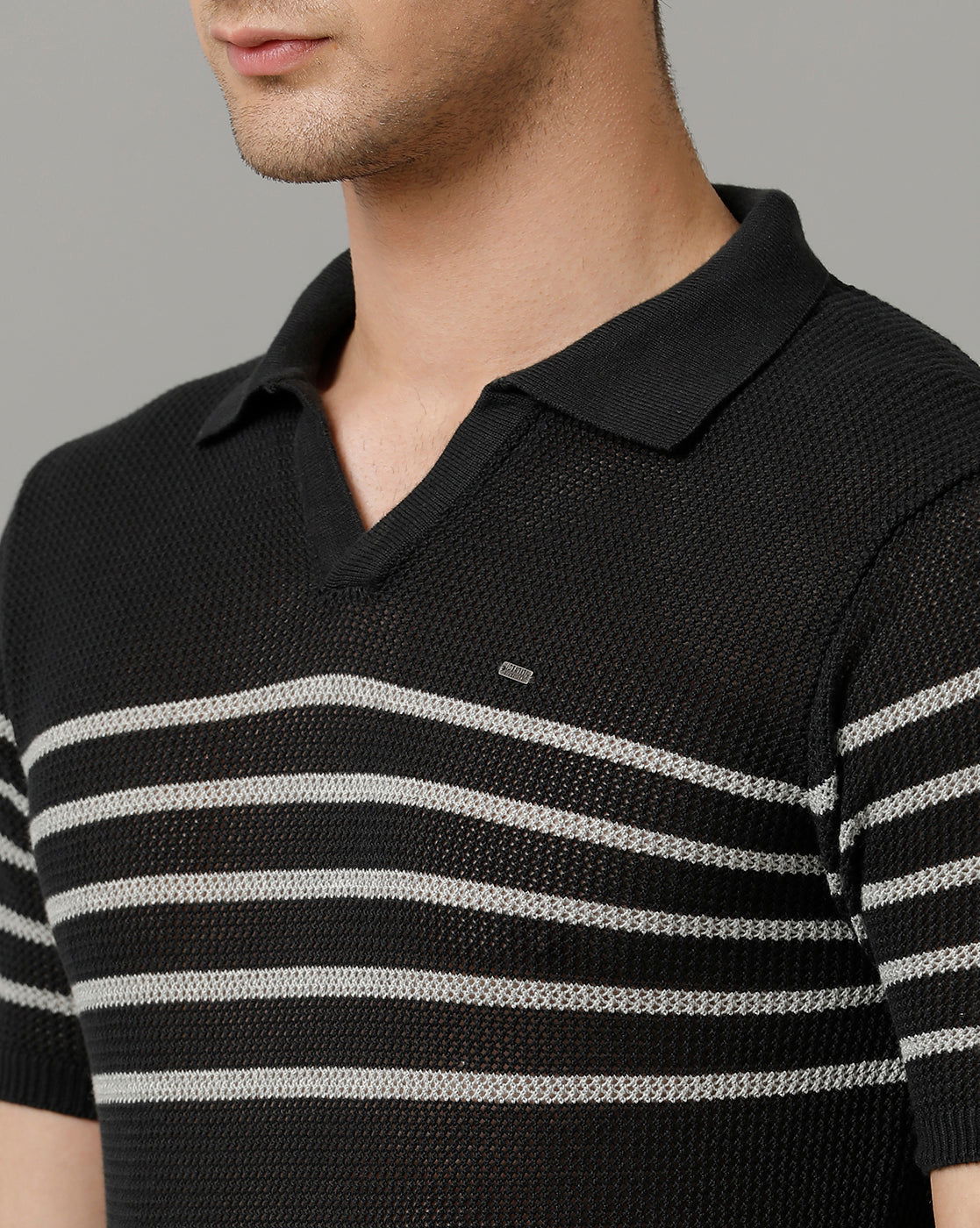 Identiti Charcoal Half Sleeve Striped Slim Fit Cotton Casual Polo T-Shirt For Men.