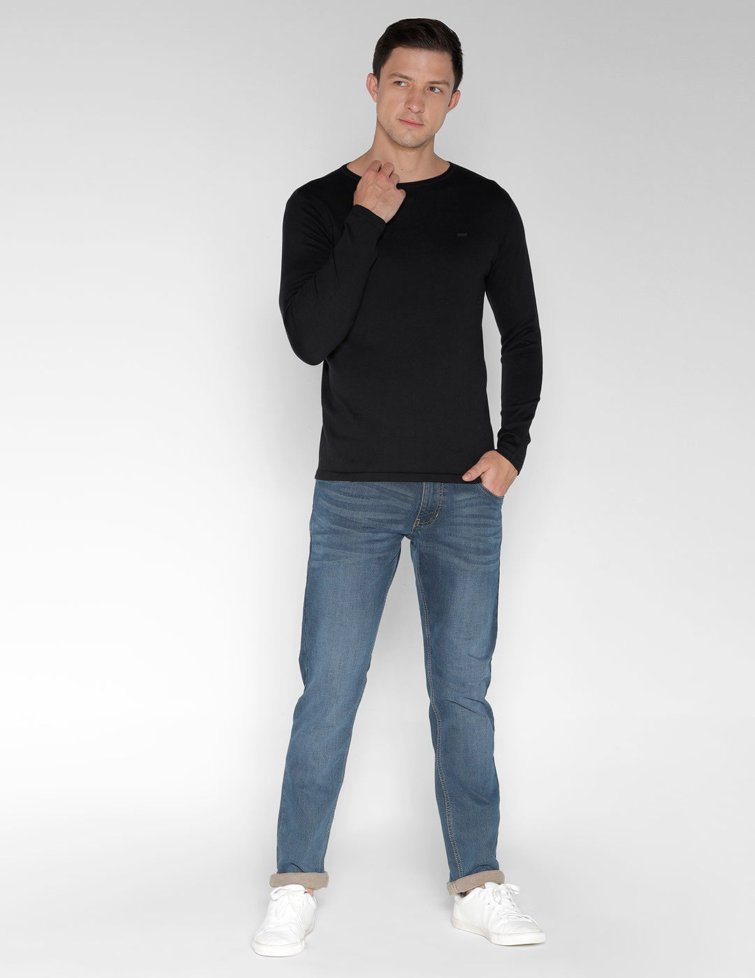 Identiti Full Sleeve Solid Slim Fit Cotton Casual Round Neck T-Shirt For Men