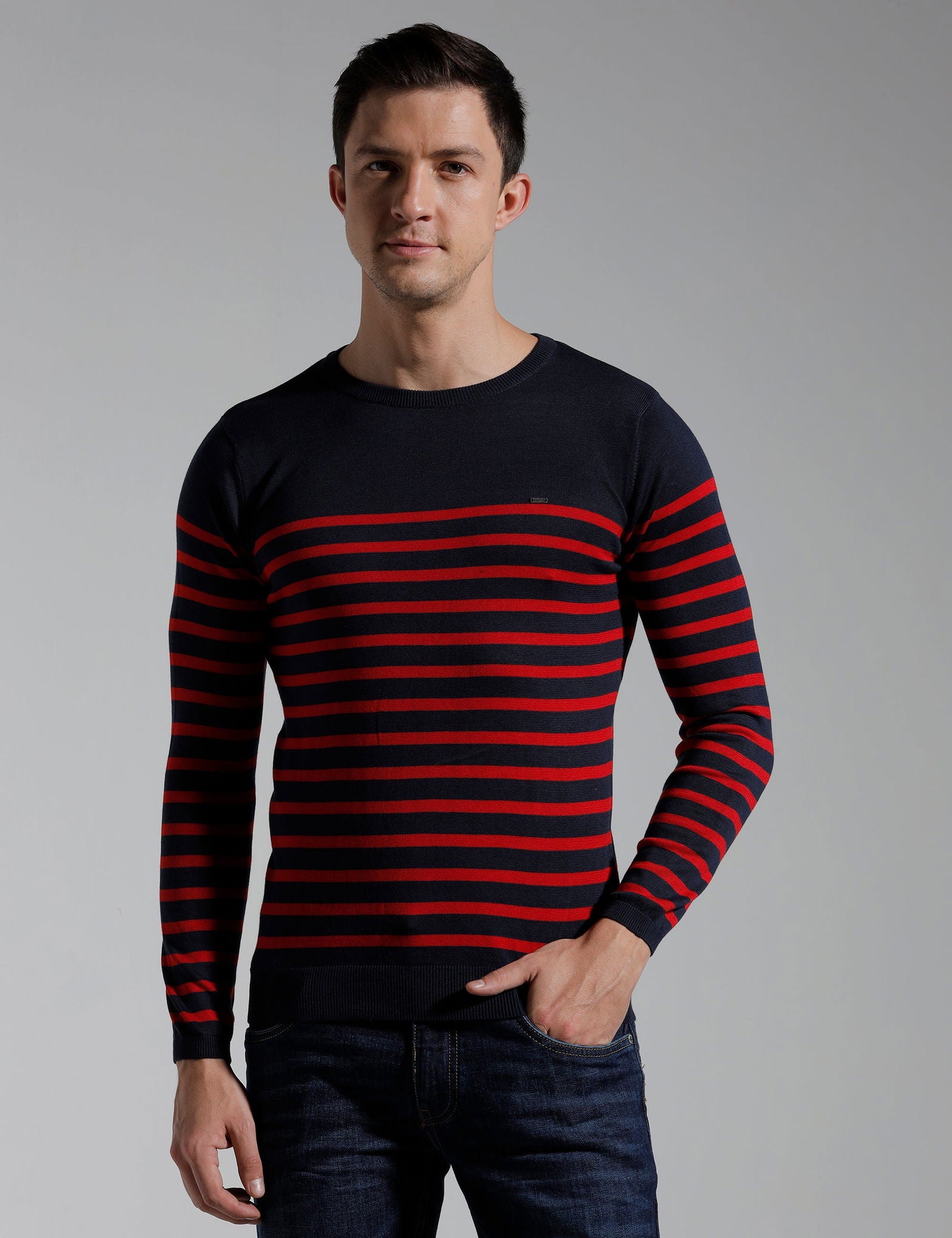 Identiti Full Sleeve Striped Slim Fit Cotton Casual Pull Over T-shirt For Men