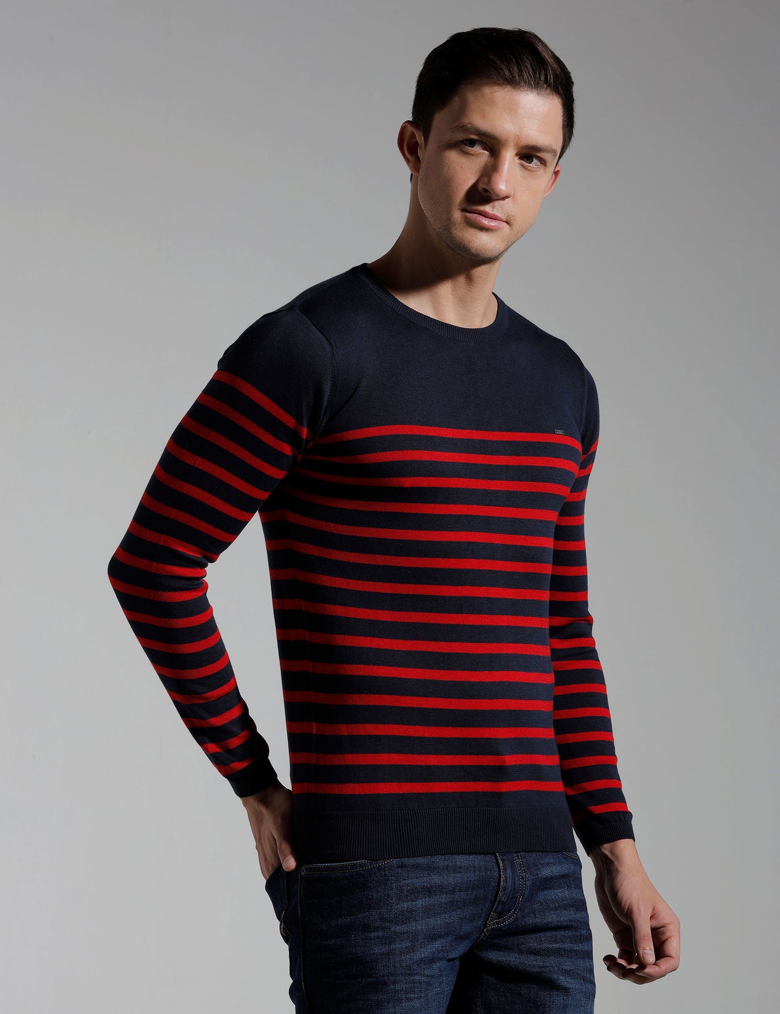 Identiti Full Sleeve Striped Slim Fit Cotton Casual Pull Over T-shirt For Men