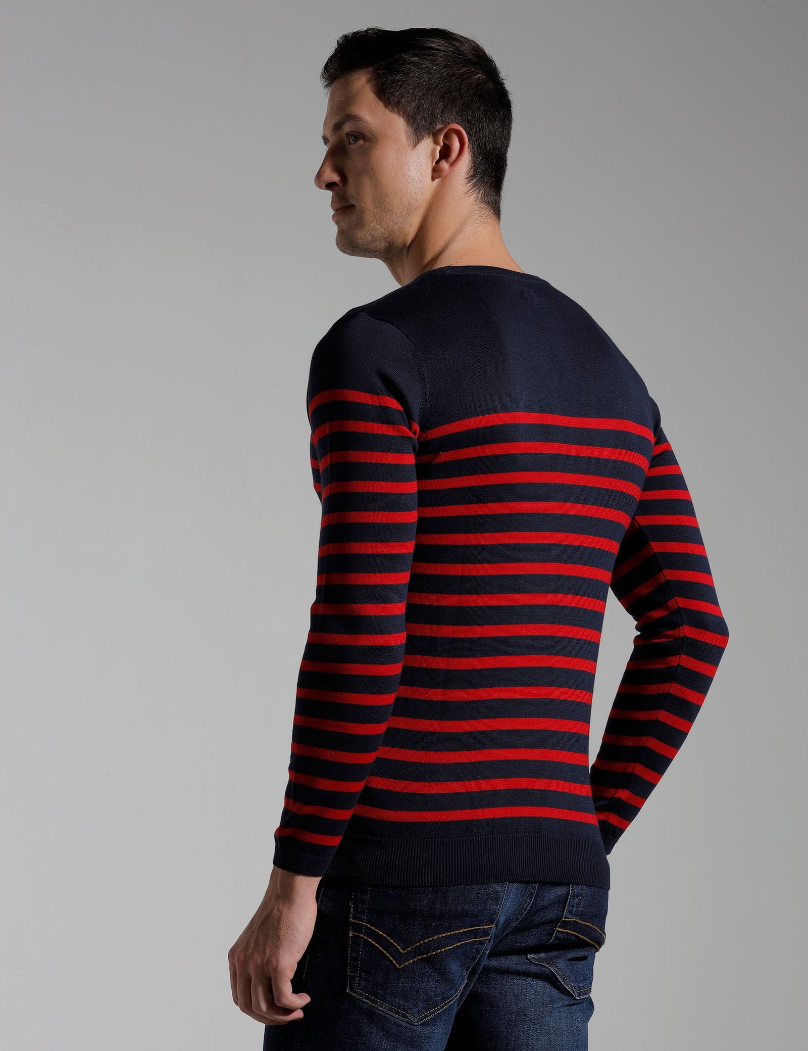 Identiti Full Sleeve Striped Slim Fit Cotton Casual Pull Over T-shirt For Men
