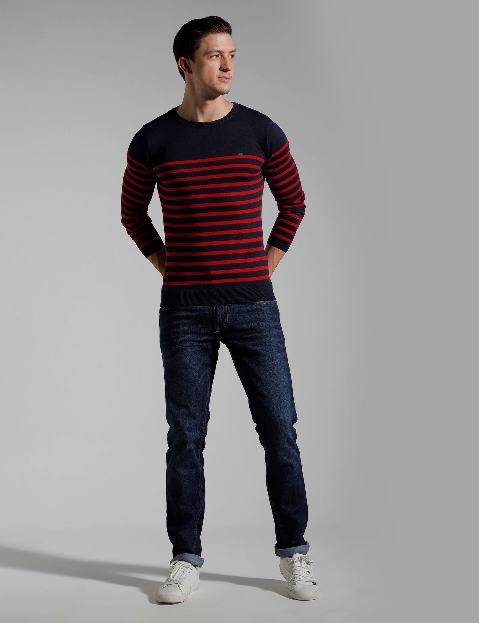 Identiti Full Sleeve Striped Slim Fit Cotton Casual Pull Over T-shirt For Men