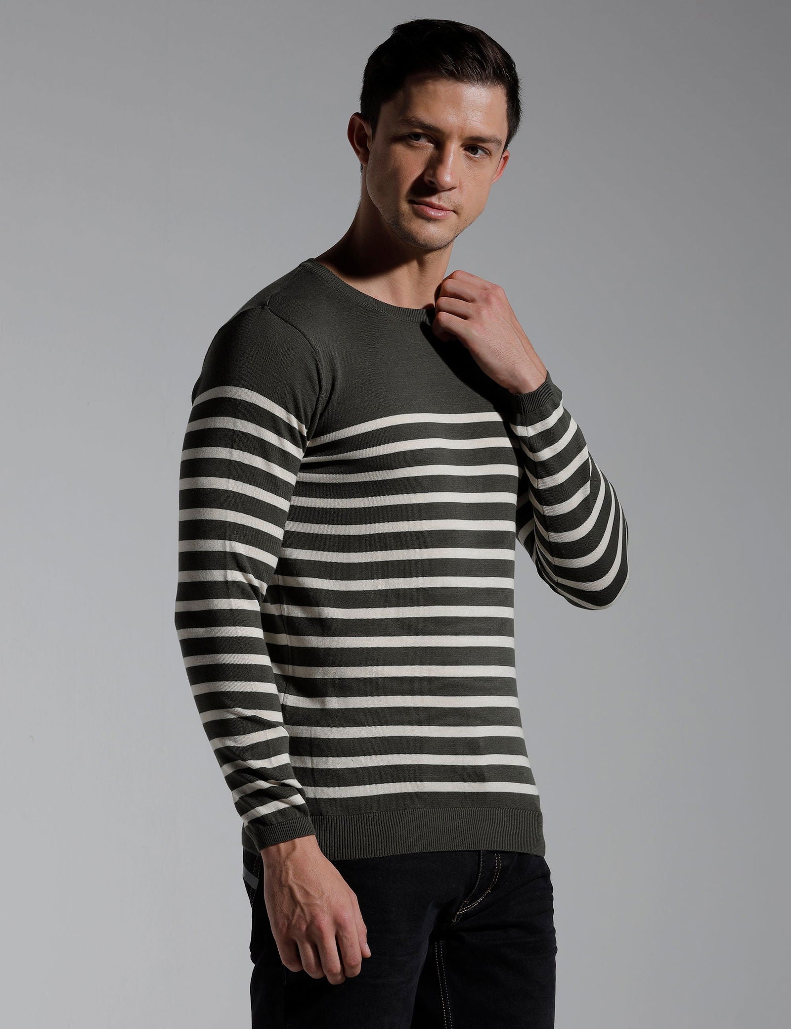 Identiti Full Sleeve Striped Slim Fit Cotton Casual Pull Over T-shirt For Men