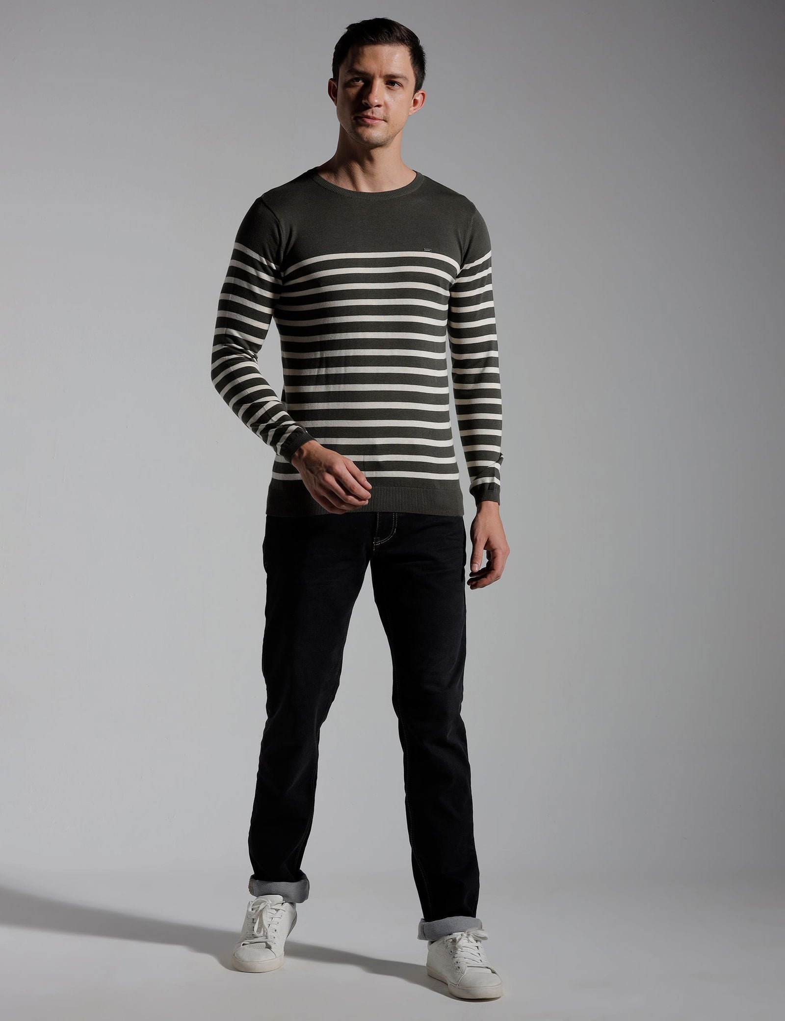 Identiti Full Sleeve Striped Slim Fit Cotton Casual Pull Over T-shirt For Men