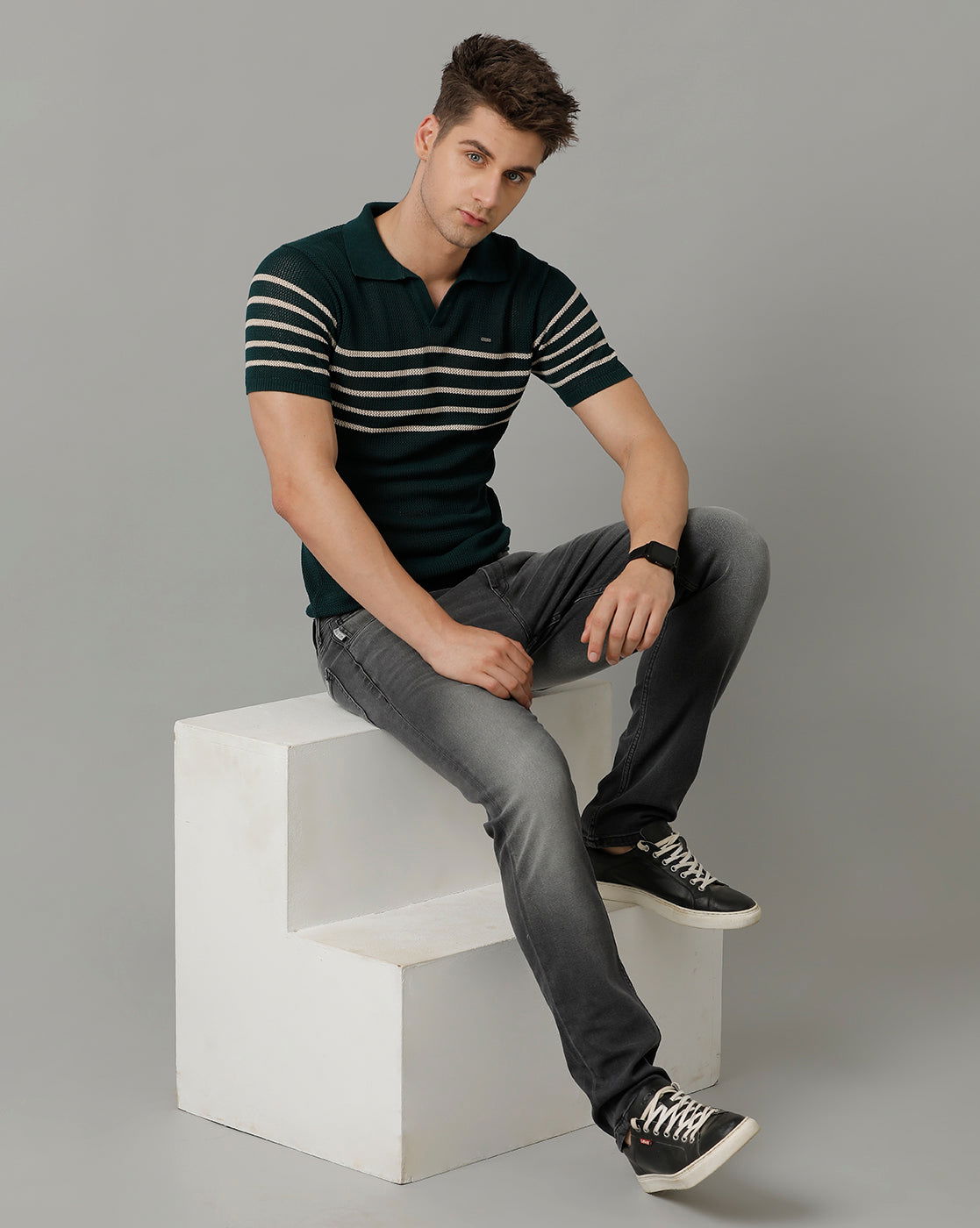 Identiti Green Half Sleeve Striped Slim Fit Cotton Casual Polo T-Shirt For Men.