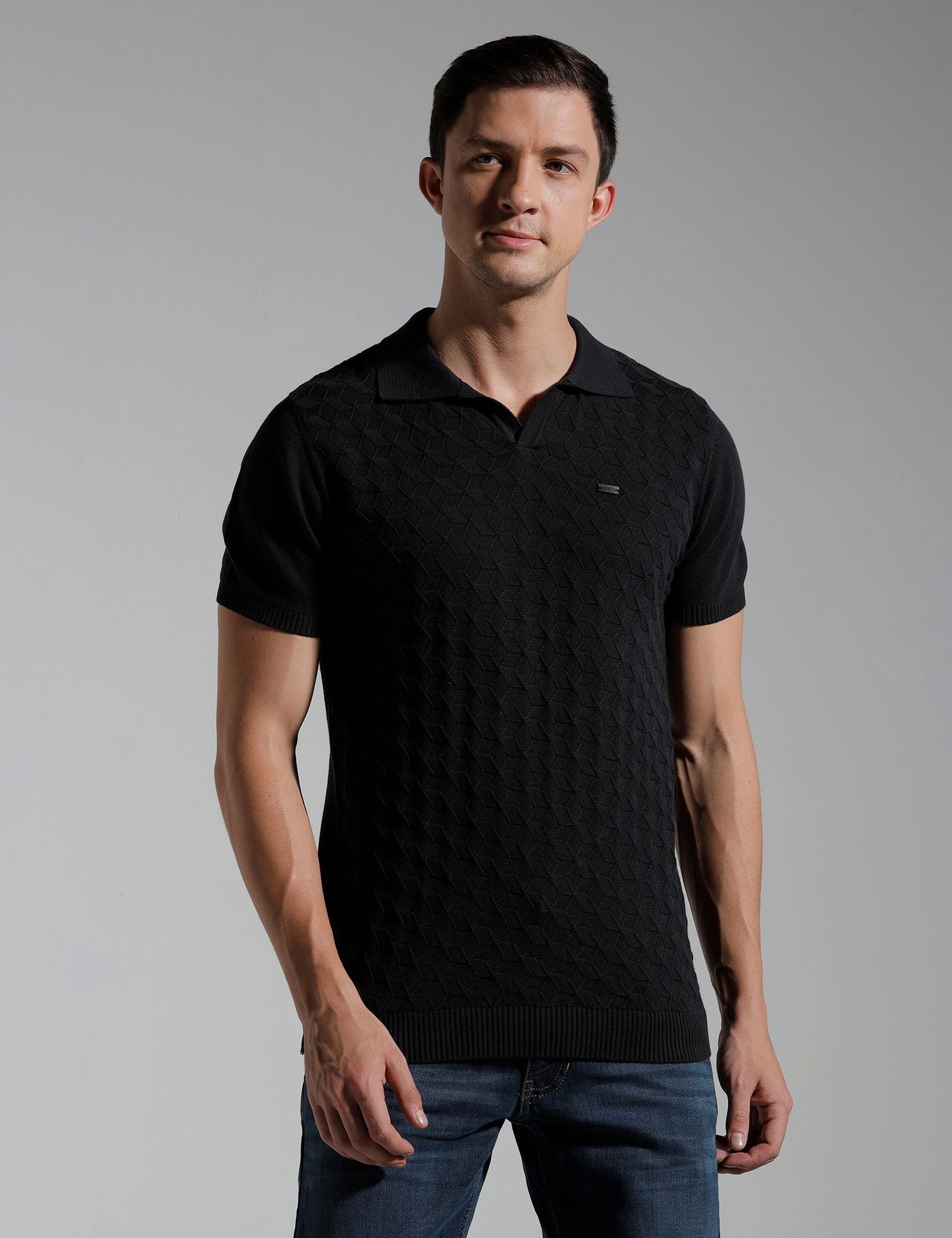 Identiti Half Sleeve Jacquard Slim Fit Cotton Casual Polo T-Shirt For Men