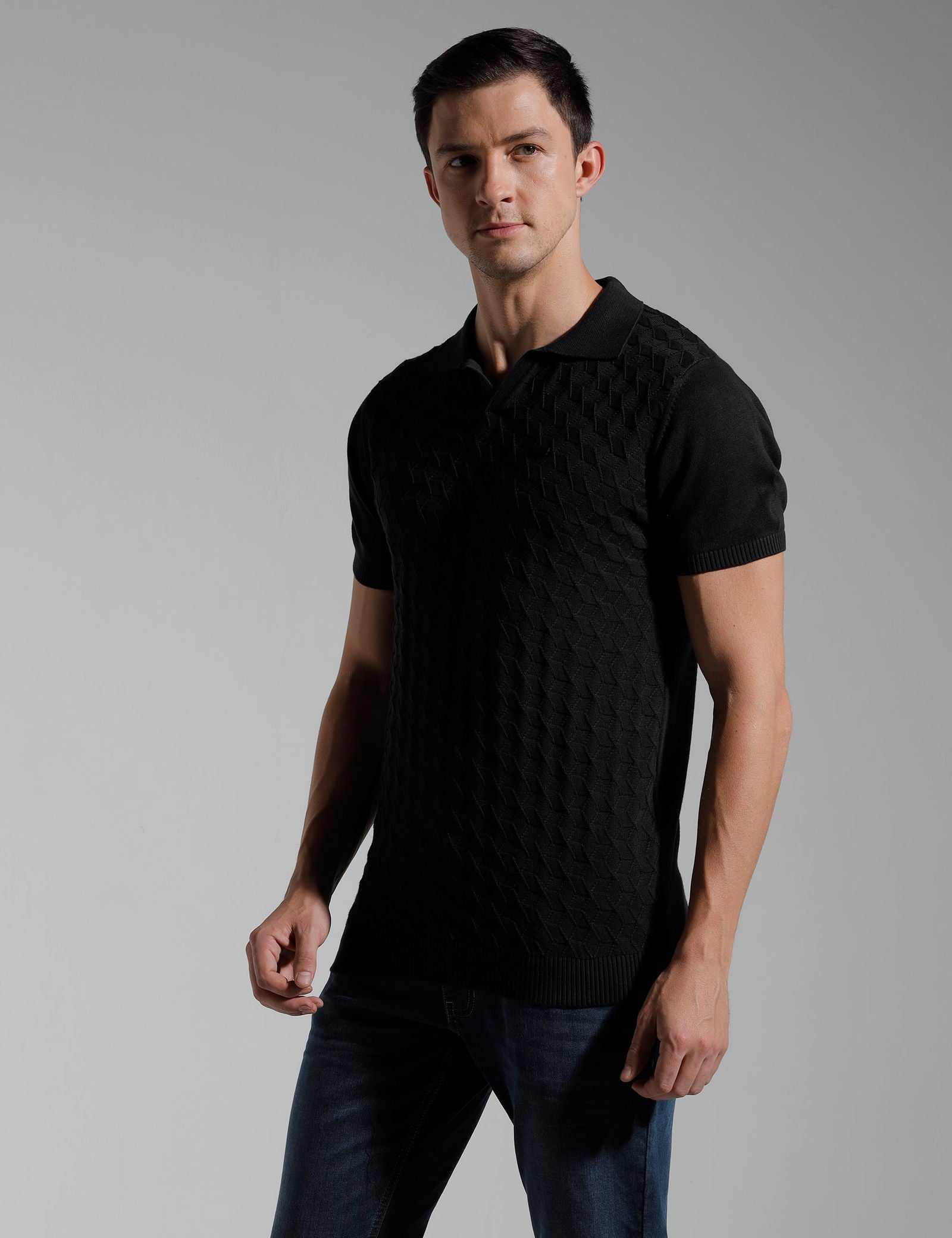 Identiti Half Sleeve Jacquard Slim Fit Cotton Casual Polo T-Shirt For Men