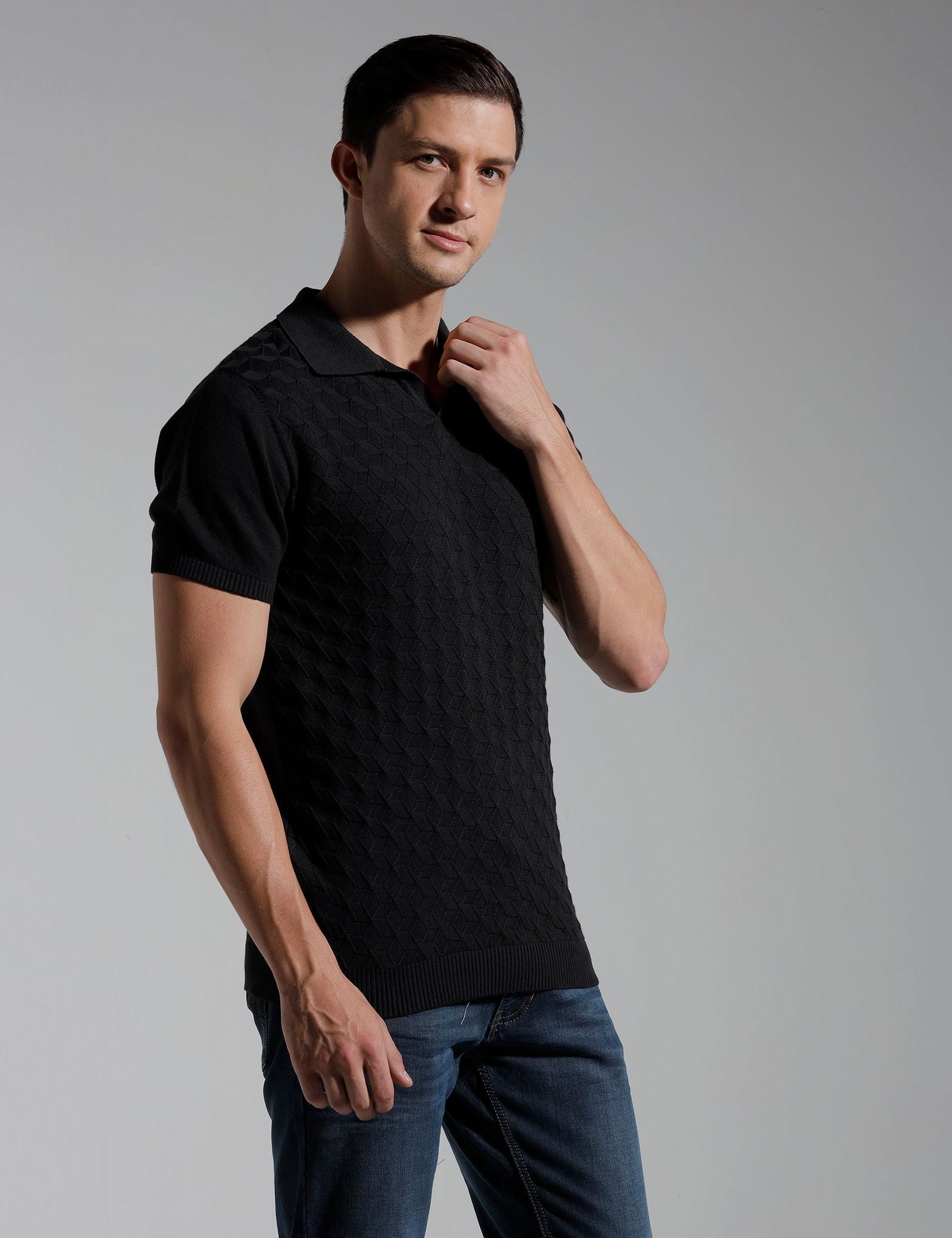 Identiti Half Sleeve Jacquard Slim Fit Cotton Casual Polo T-Shirt For Men