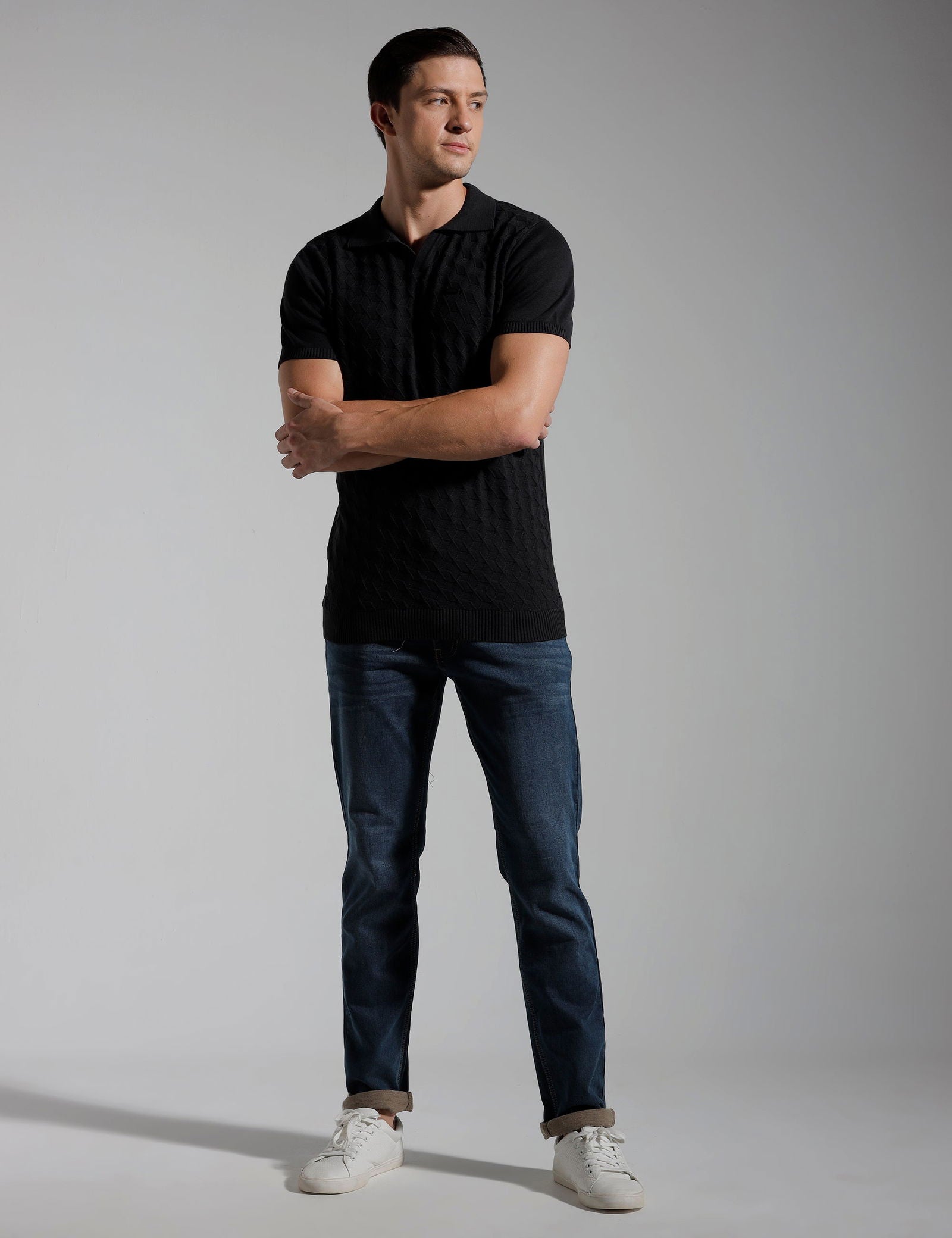 Identiti Half Sleeve Jacquard Slim Fit Cotton Casual Polo T-Shirt For Men