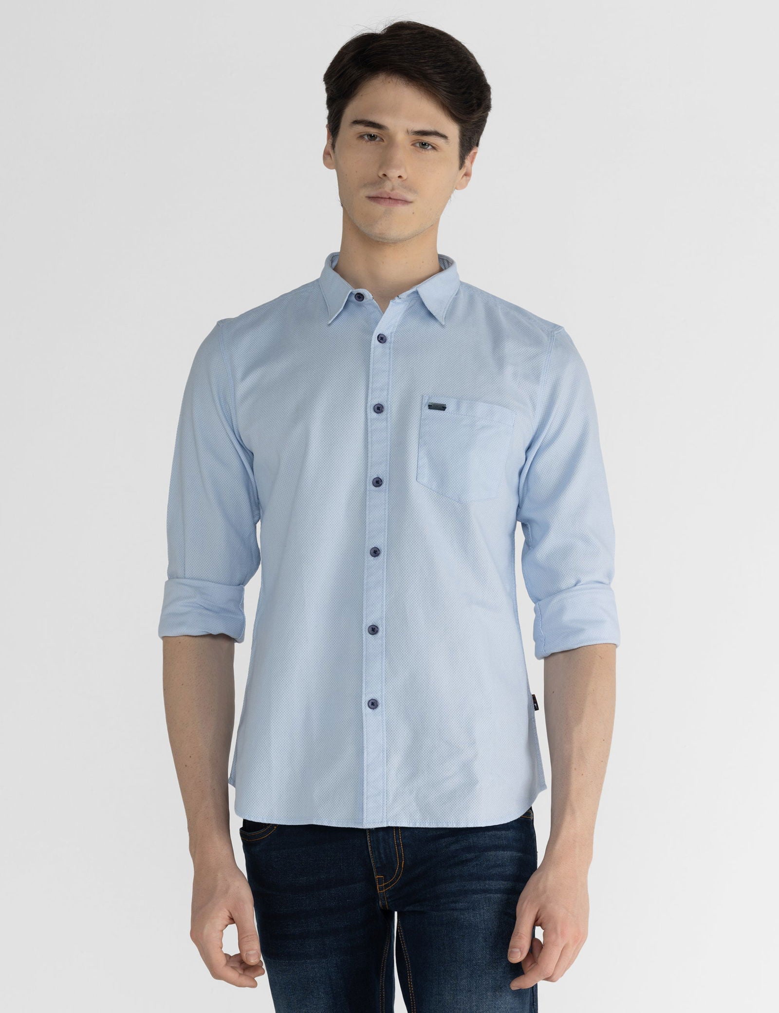 Identiti Men Collared Solid Leno Dobby Shirt With Pocket In Blue