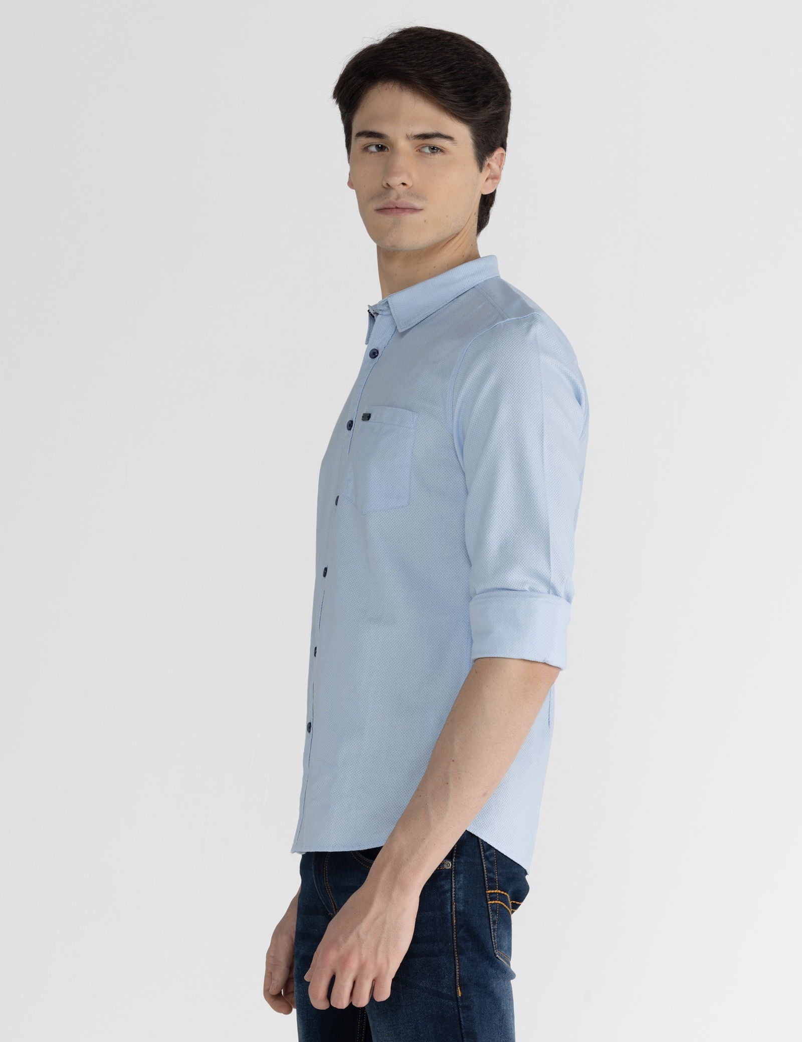 Identiti Men Collared Solid Leno Dobby Shirt With Pocket In Blue