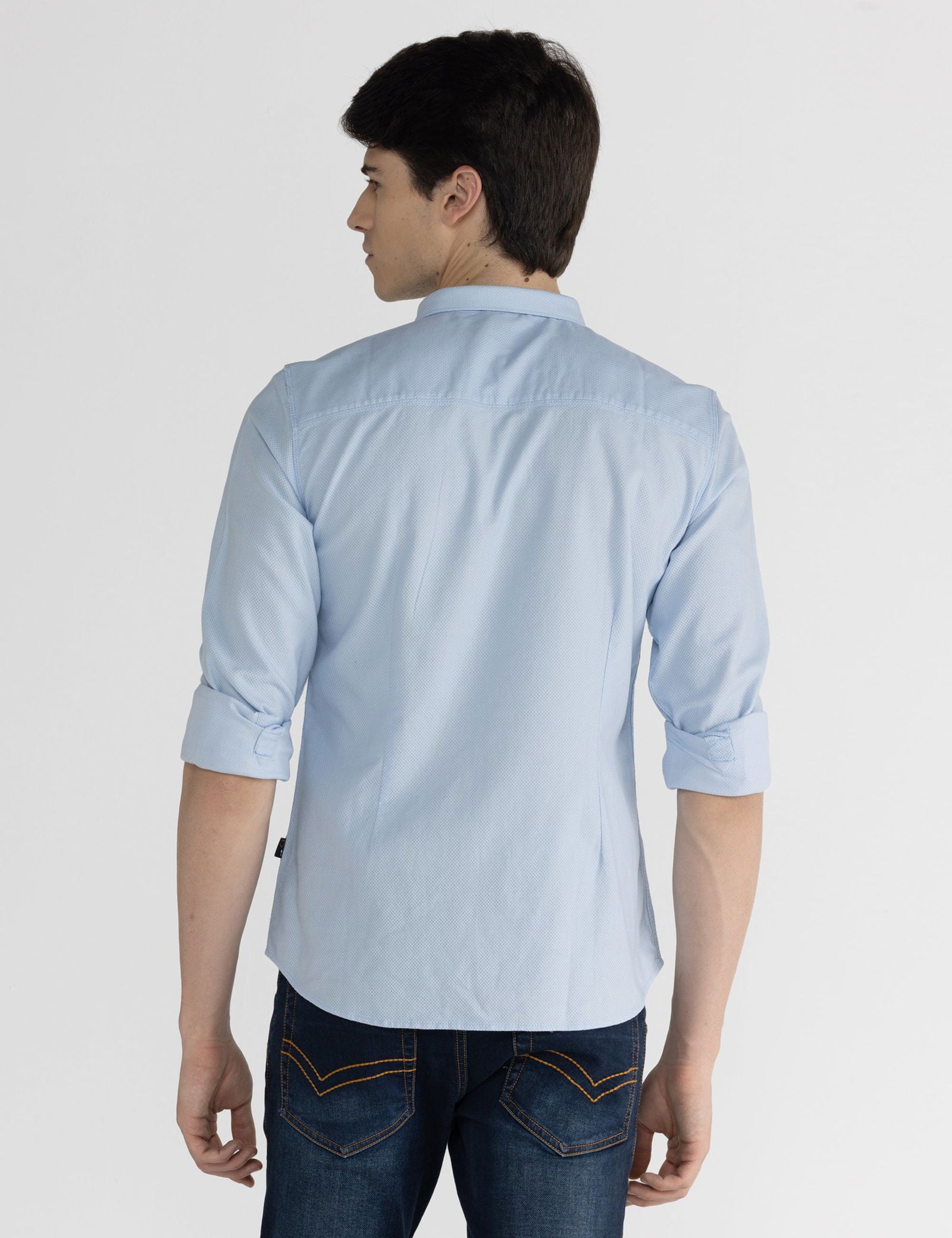 Identiti Men Collared Solid Leno Dobby Shirt With Pocket In Blue