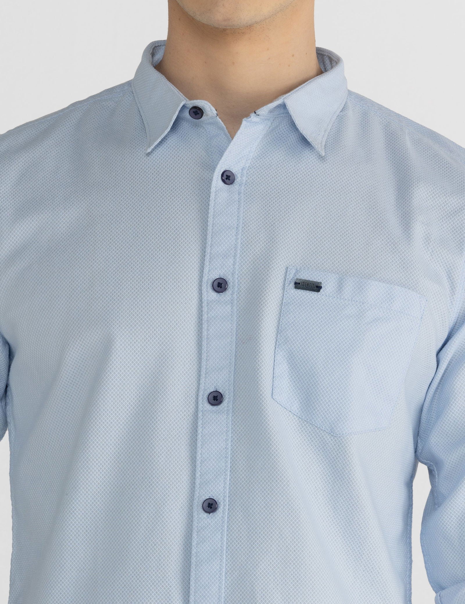 Identiti Men Collared Solid Leno Dobby Shirt With Pocket In Blue
