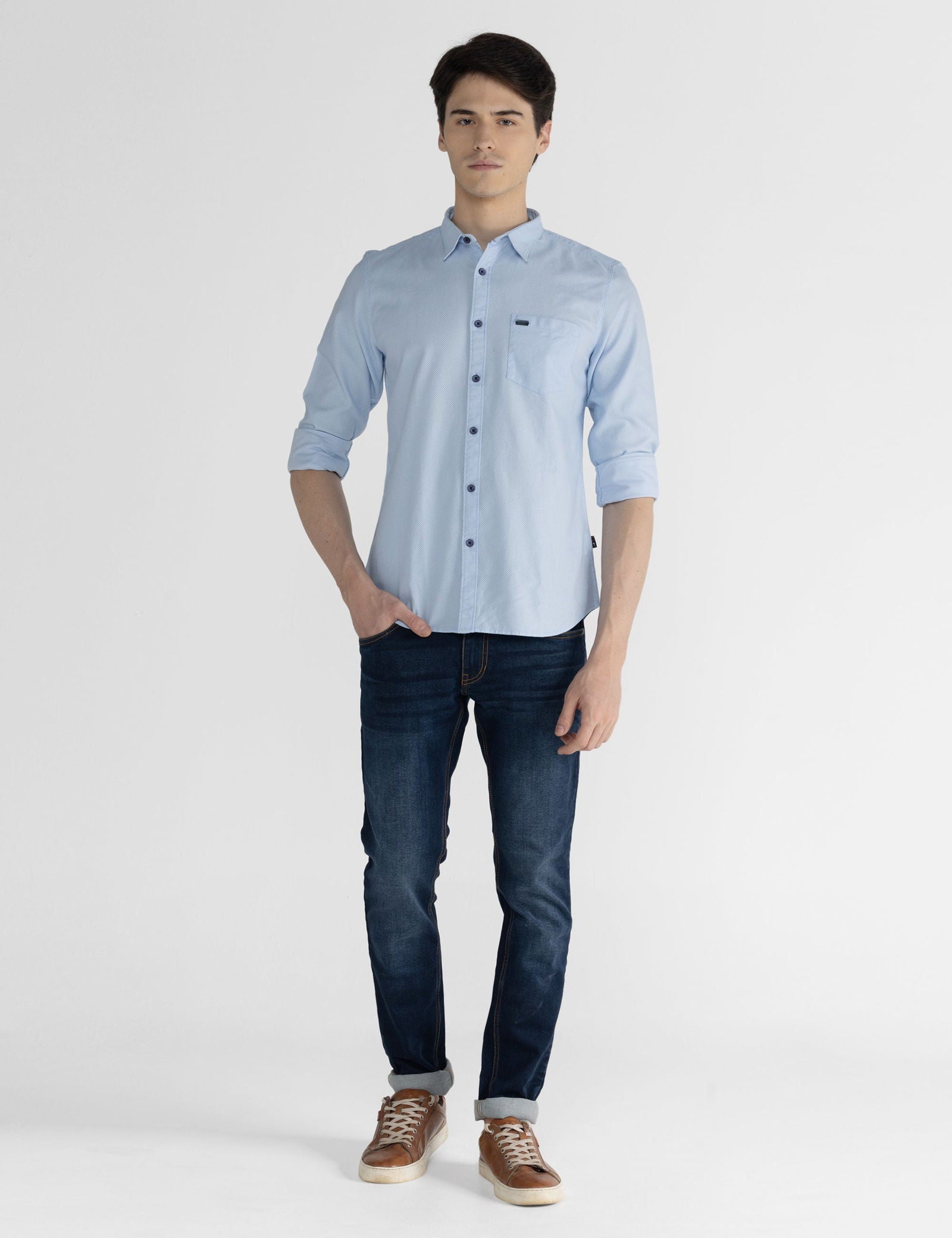 Identiti Men Collared Solid Leno Dobby Shirt With Pocket In Blue
