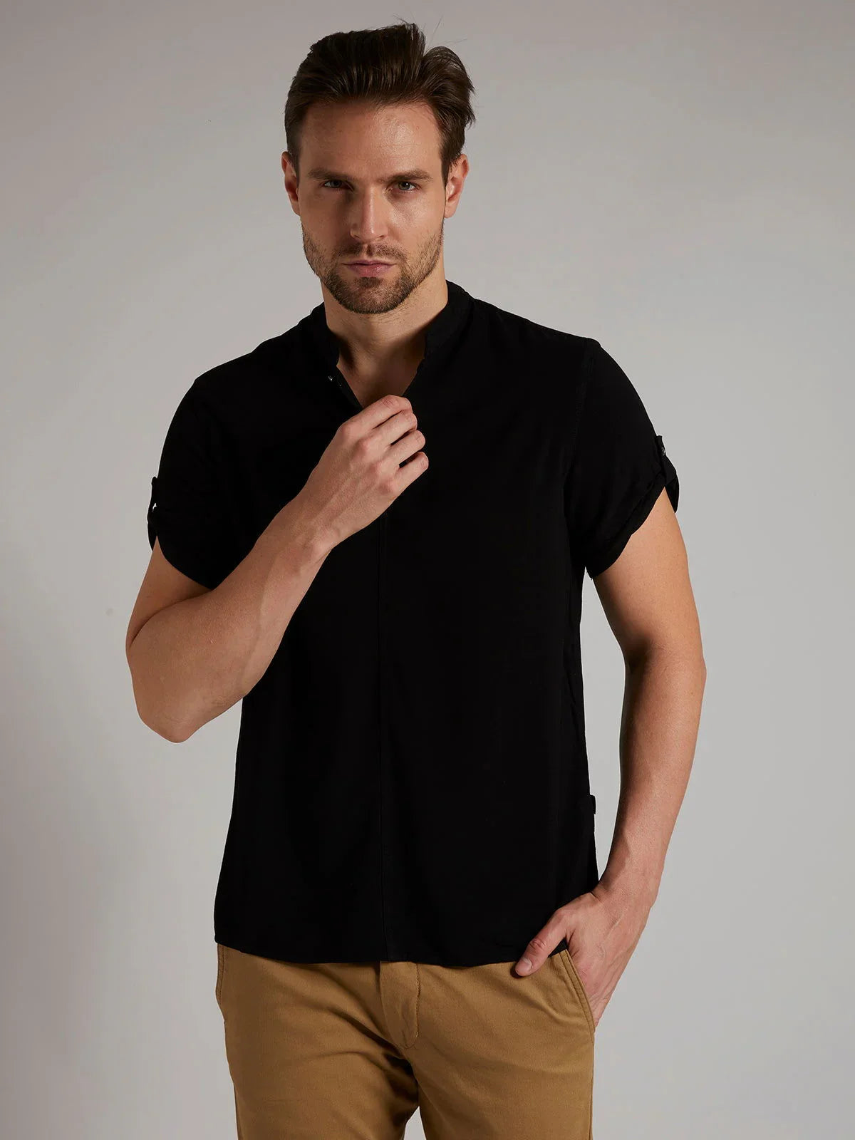 Identiti Men Half Placket Mandarin Collar Shirt/Kurta