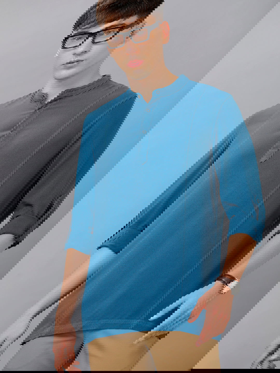 Identiti Men Half Placket Mandarin Collar Shirt/Kurta