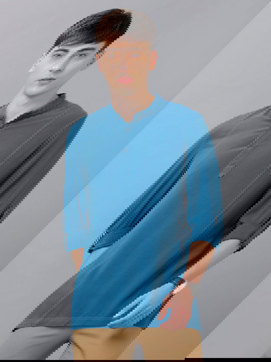 Identiti Men Half Placket Mandarin Collar Shirt/Kurta