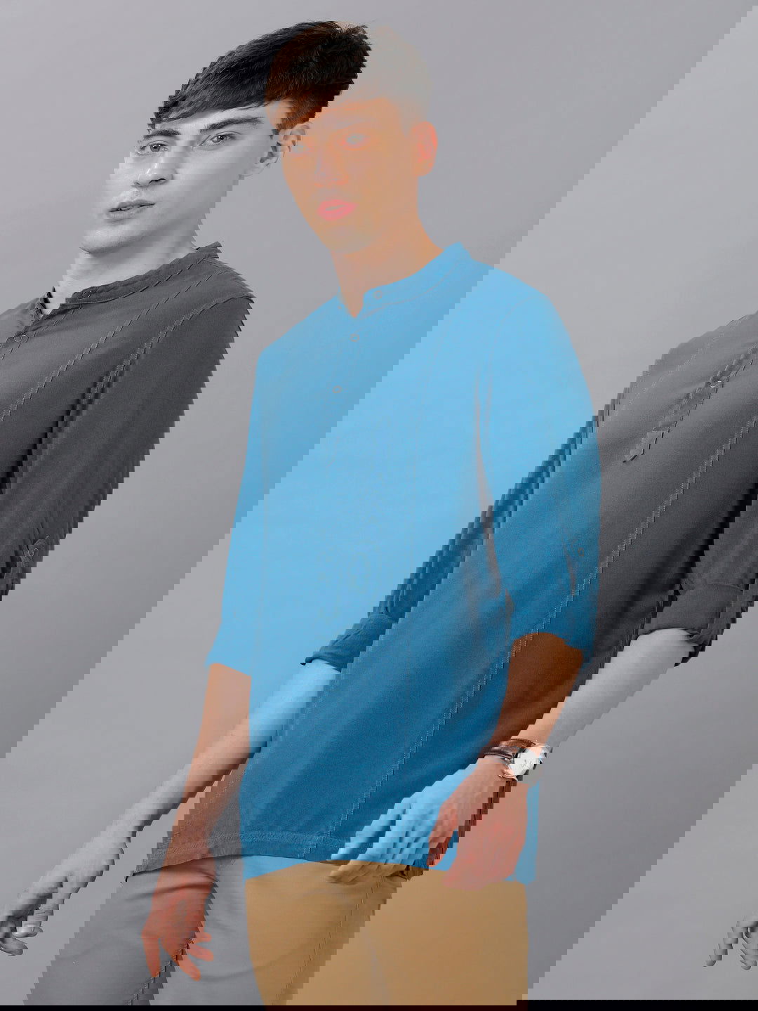 Identiti Men Half Placket Mandarin Collar Shirt/Kurta