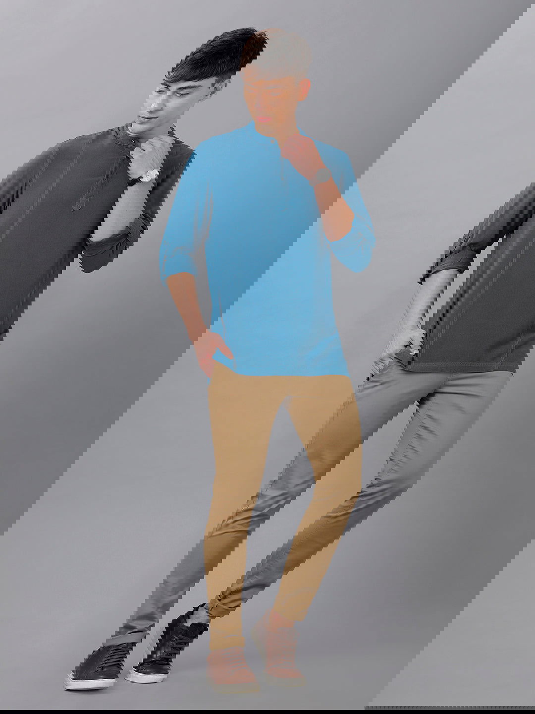 Identiti Men Half Placket Mandarin Collar Shirt/Kurta