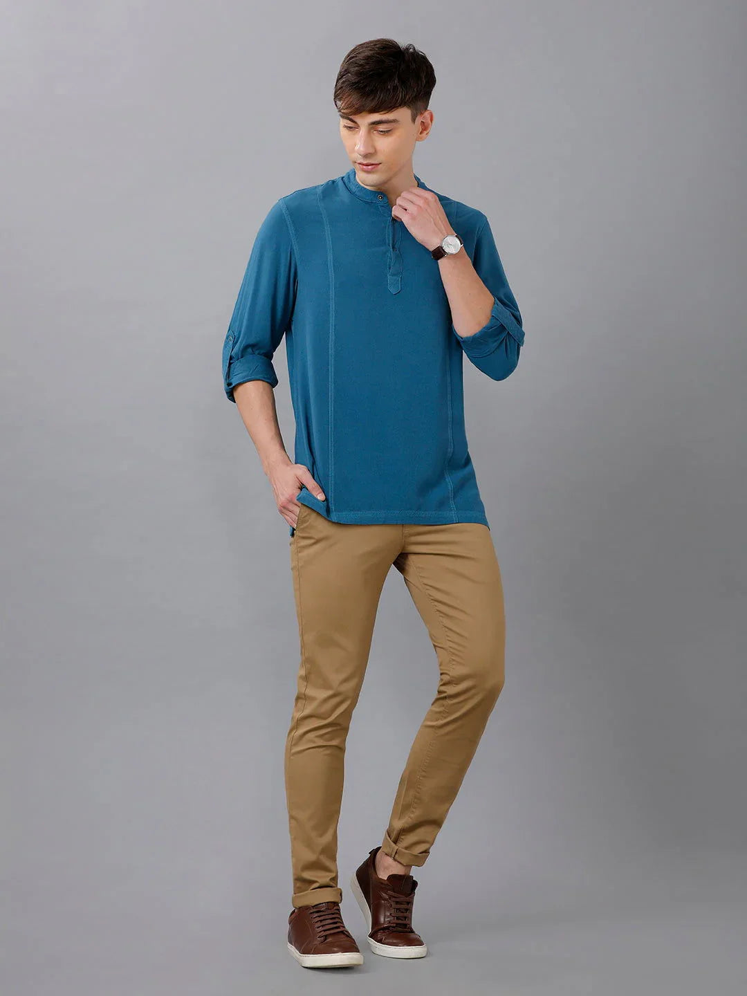 Identiti Men Half Placket Mandarin Collar Shirt/Kurta