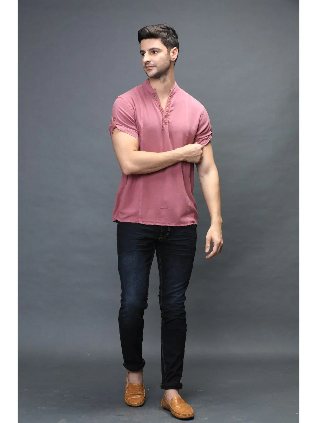 Identiti Men Half Placket Mandarin Collar Shirt/Kurta