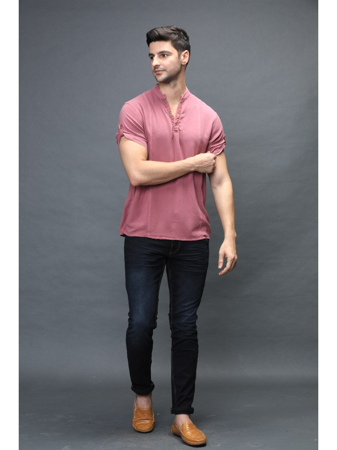 Identiti Men Half Placket Mandarin Collar Shirt/Kurta