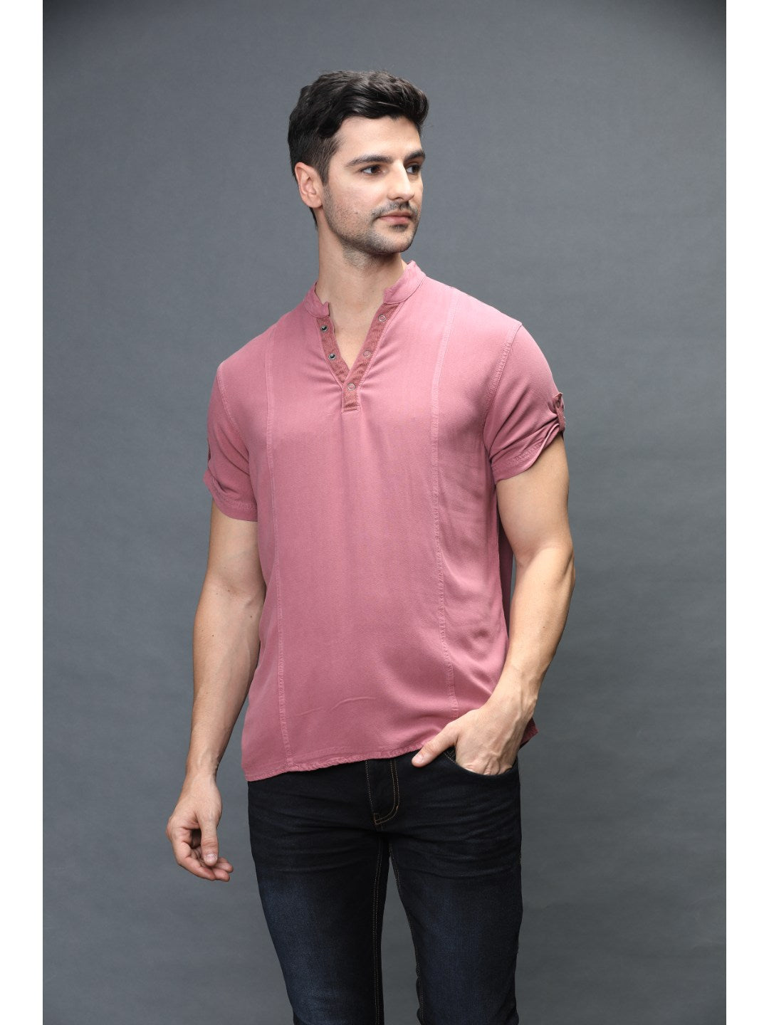 Identiti Men Half Placket Mandarin Collar Shirt/Kurta