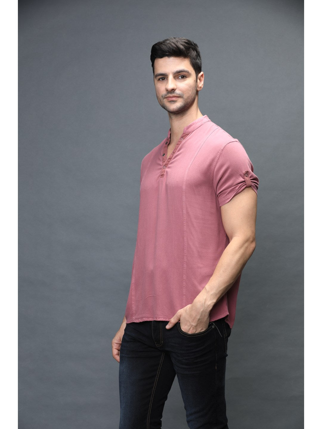 Identiti Men Half Placket Mandarin Collar Shirt/Kurta